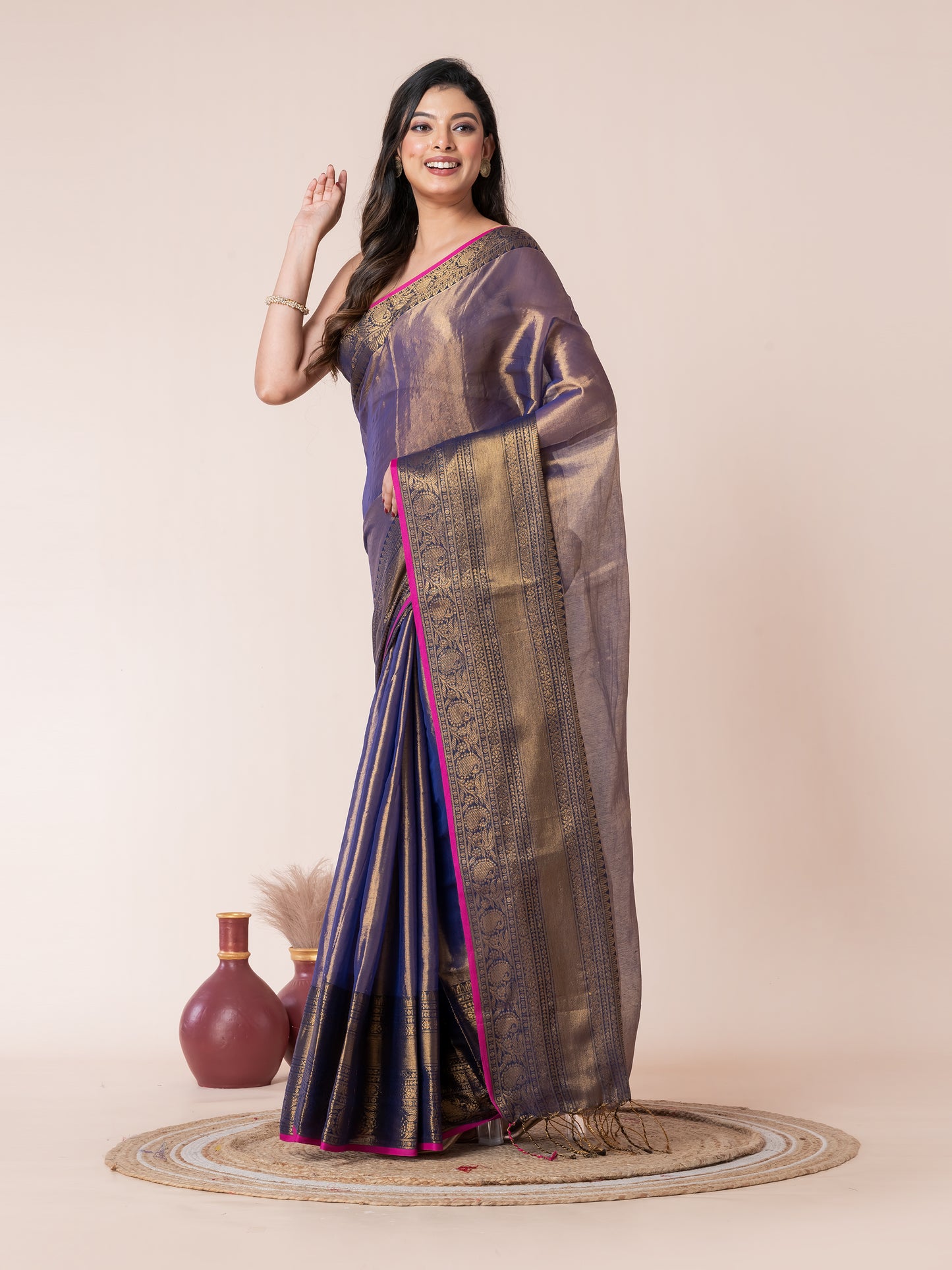 Blue Silver Tissue Zari Border Saree