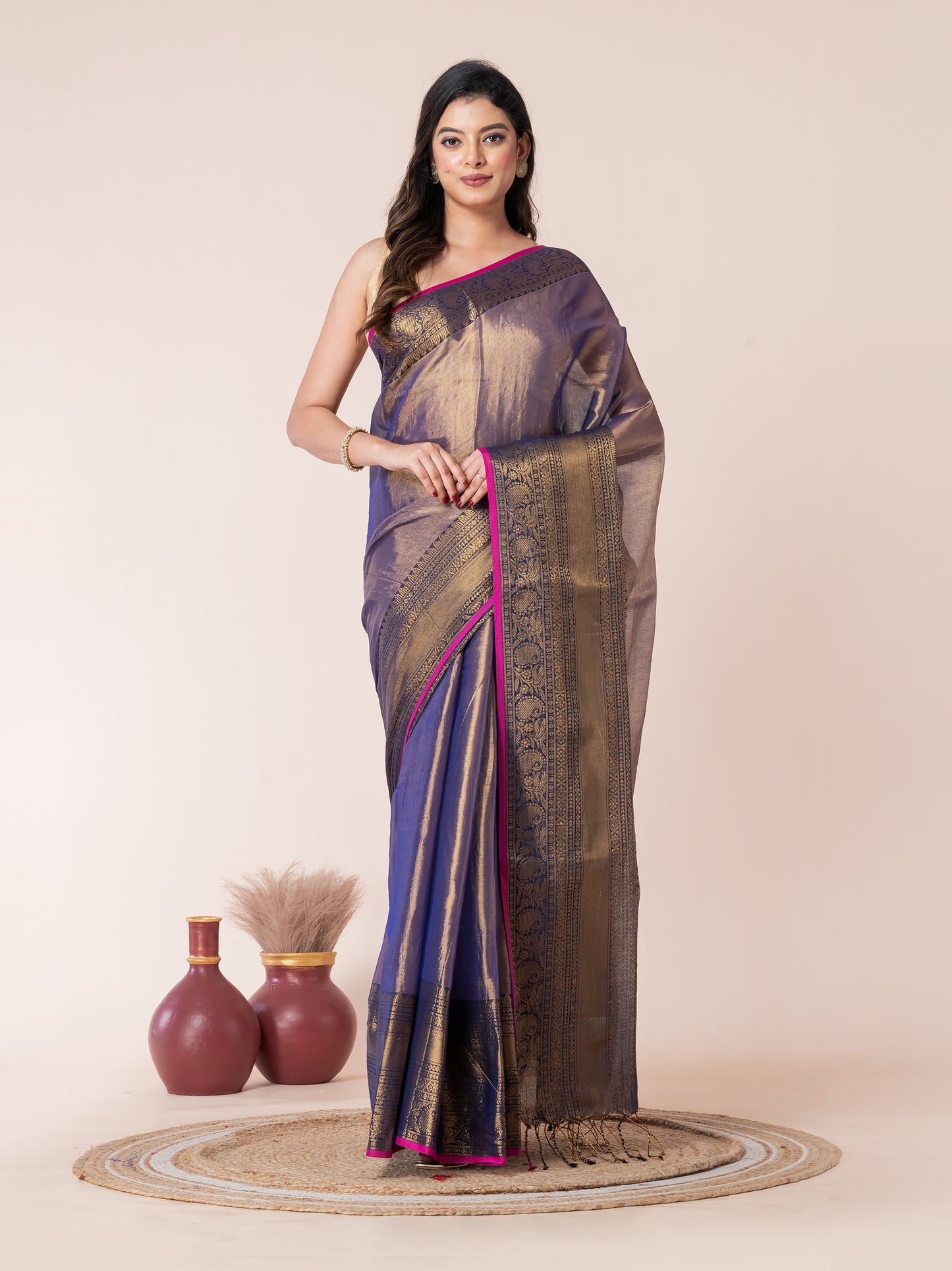Blue Silver Tissue Zari Border Saree