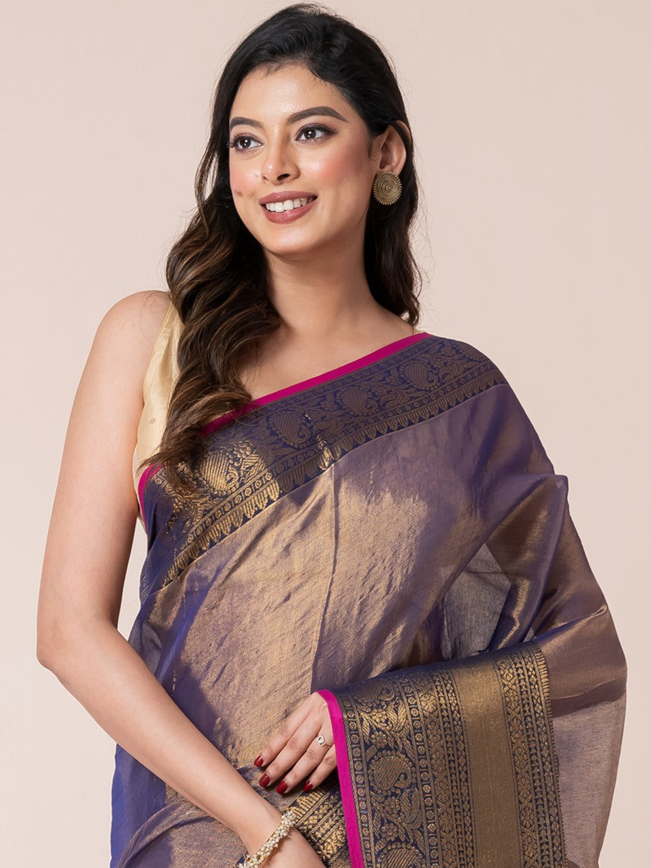 Blue Silver Tissue Zari Border Saree