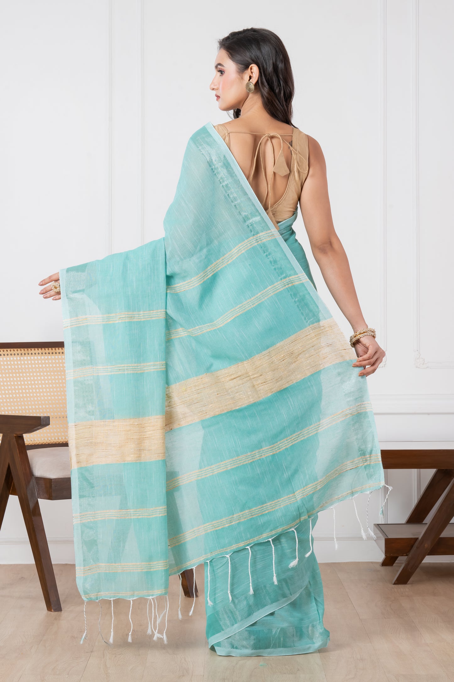 Caribbean Green Colour Slub Cotton Saree