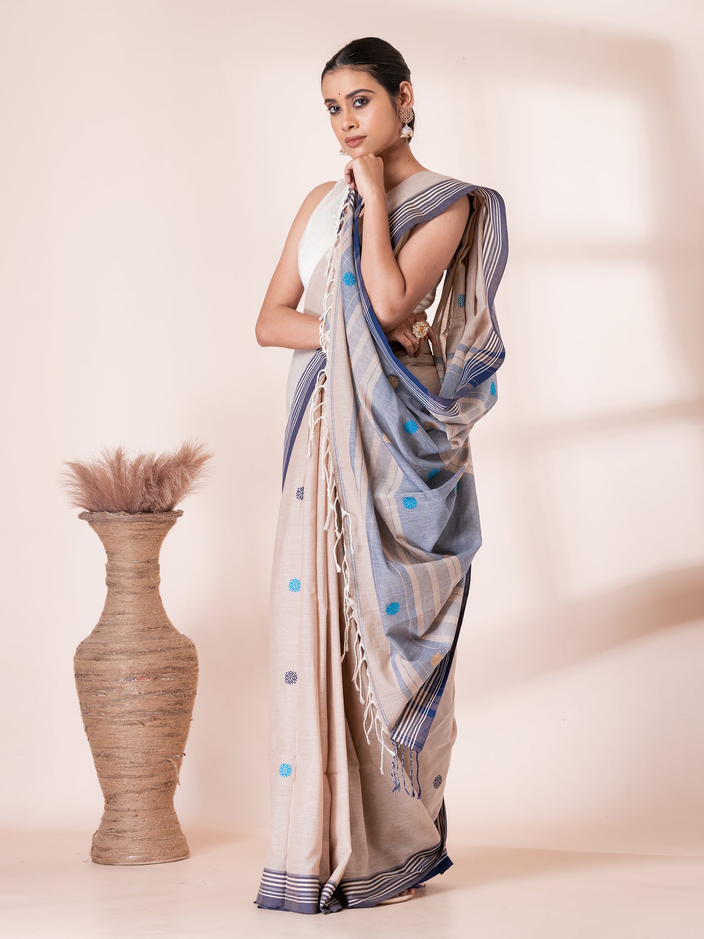 Cream with Blue Premium Cotton Saree