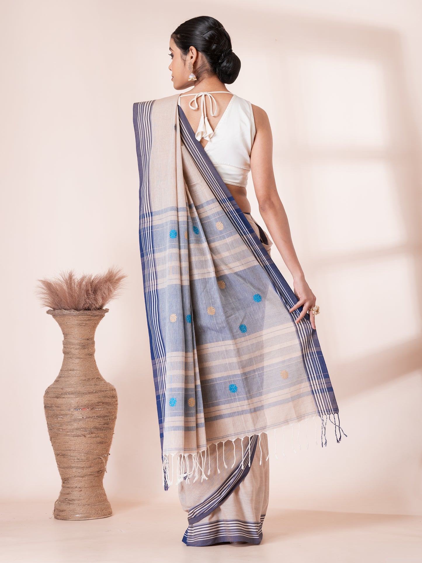 Cream with Blue Premium Cotton Saree