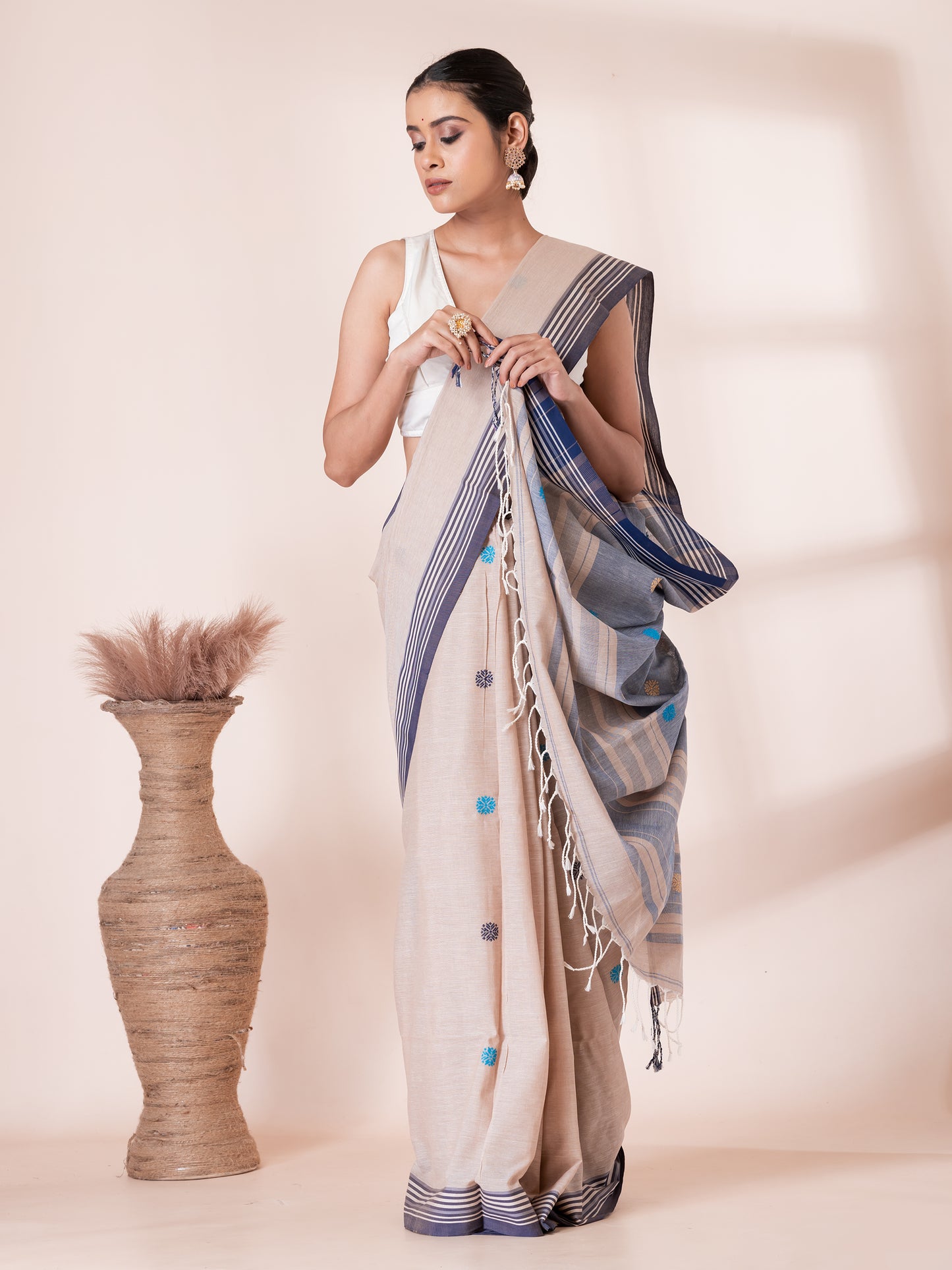 Cream with Blue Premium Cotton Saree