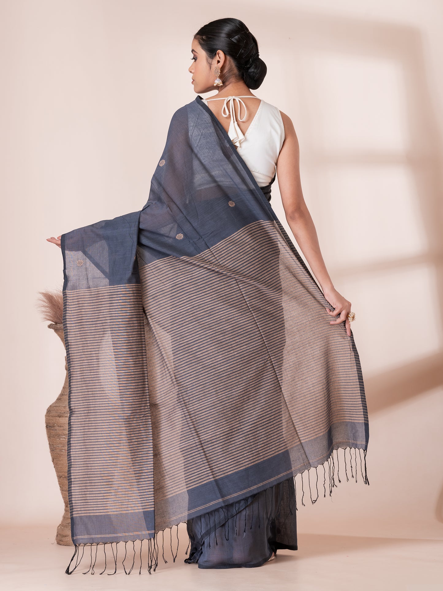 Grey with Cream Premium Cotton Saree