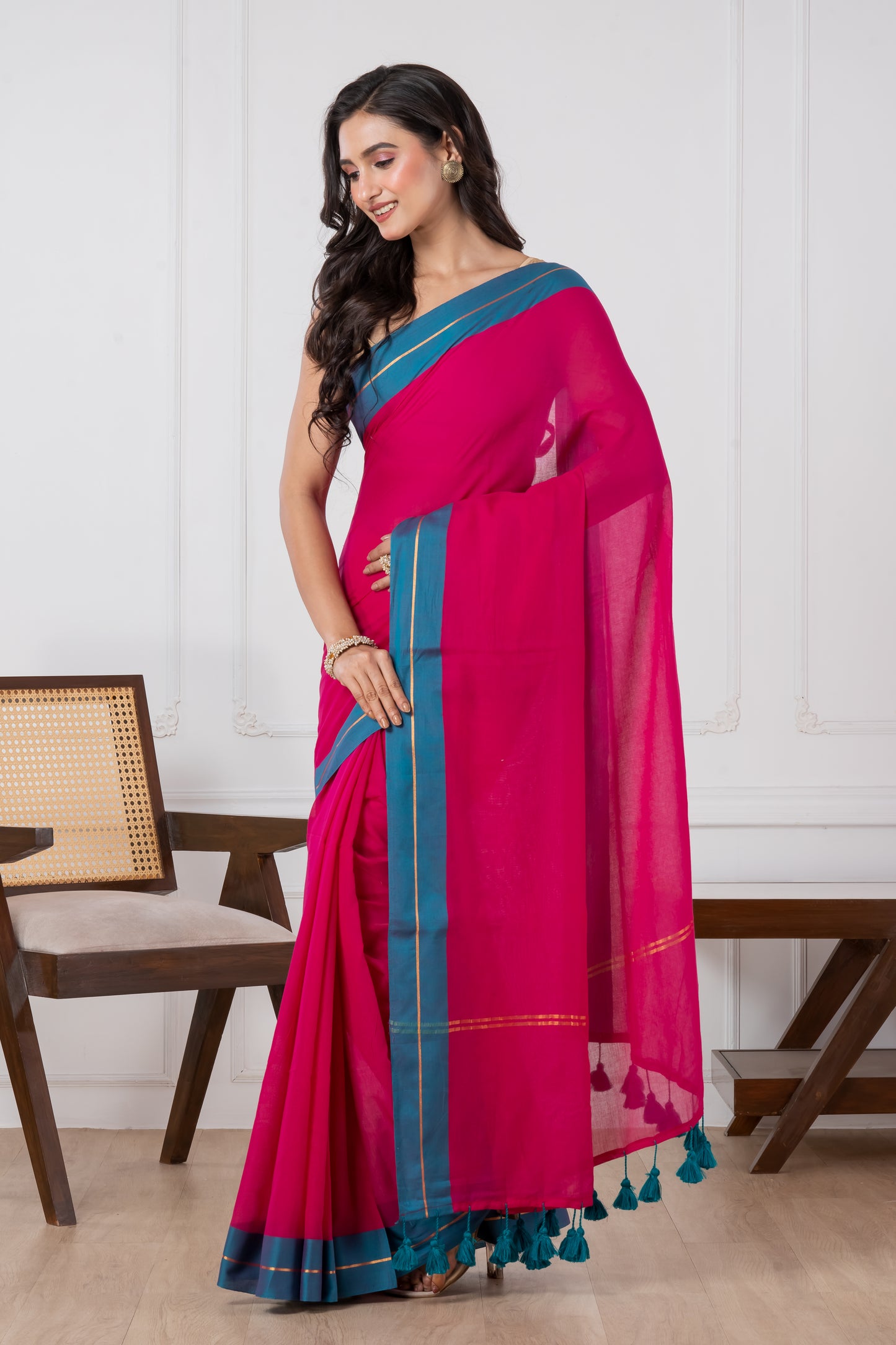 Pure Vibrant Magenta body & Teal Blue Border Mul Cotton Saree
