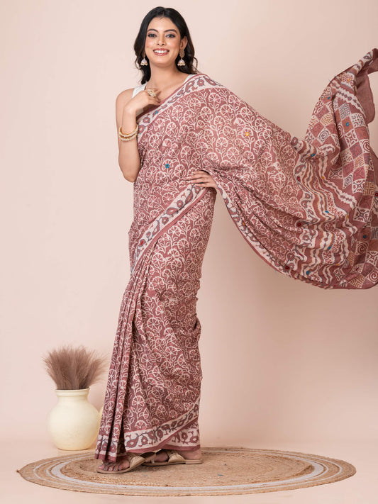 Pastel Maroon Bagru Kantha Embroidered Saree