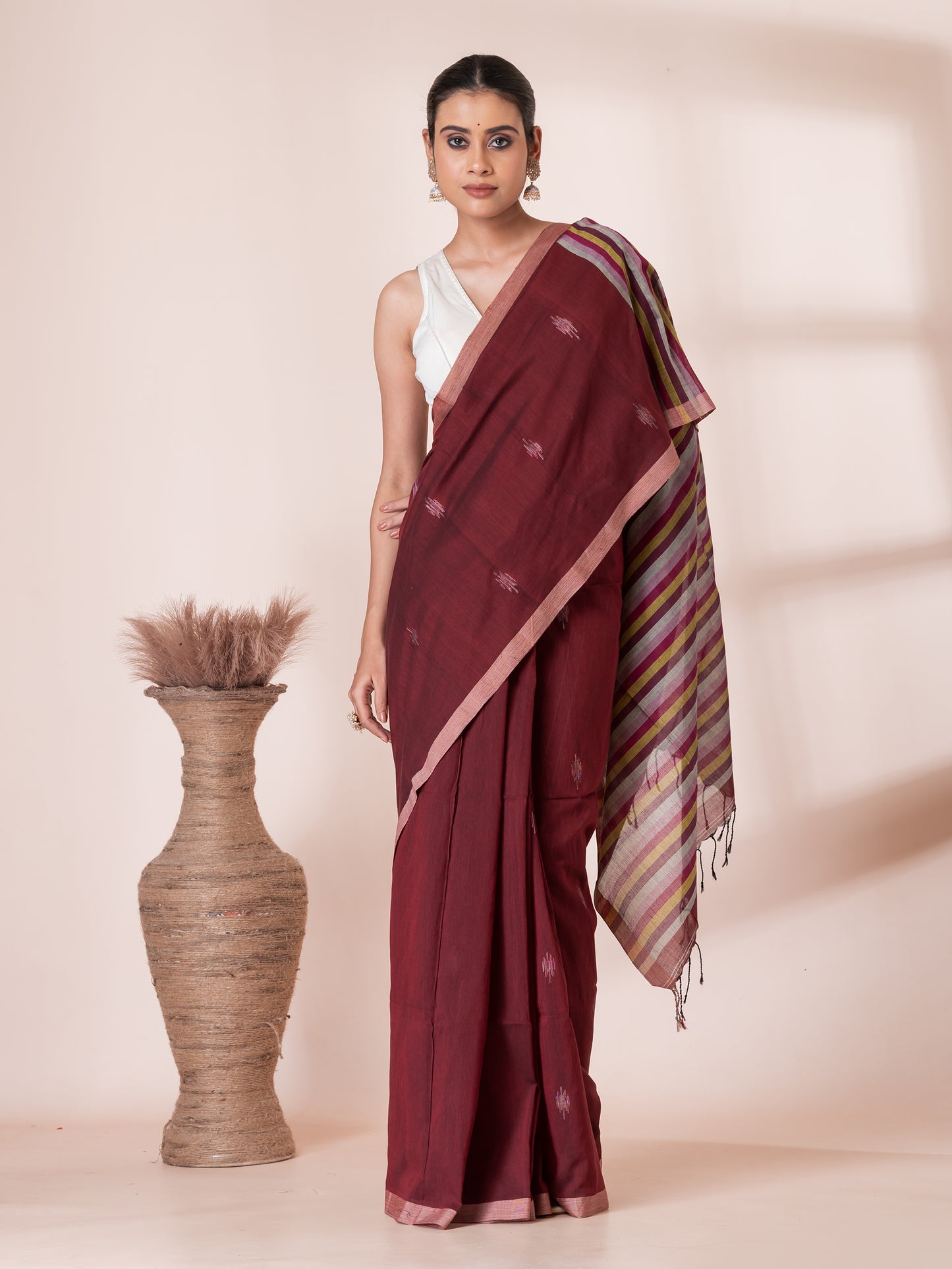 Maroon Jamdani Butis Premium Cotton Saree