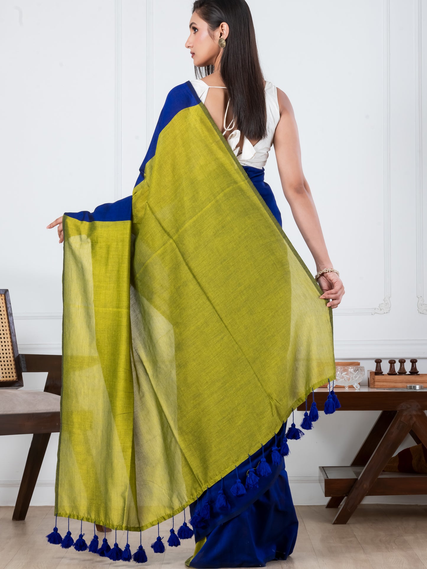 Navy Blue & Yellow Mulmul Saree