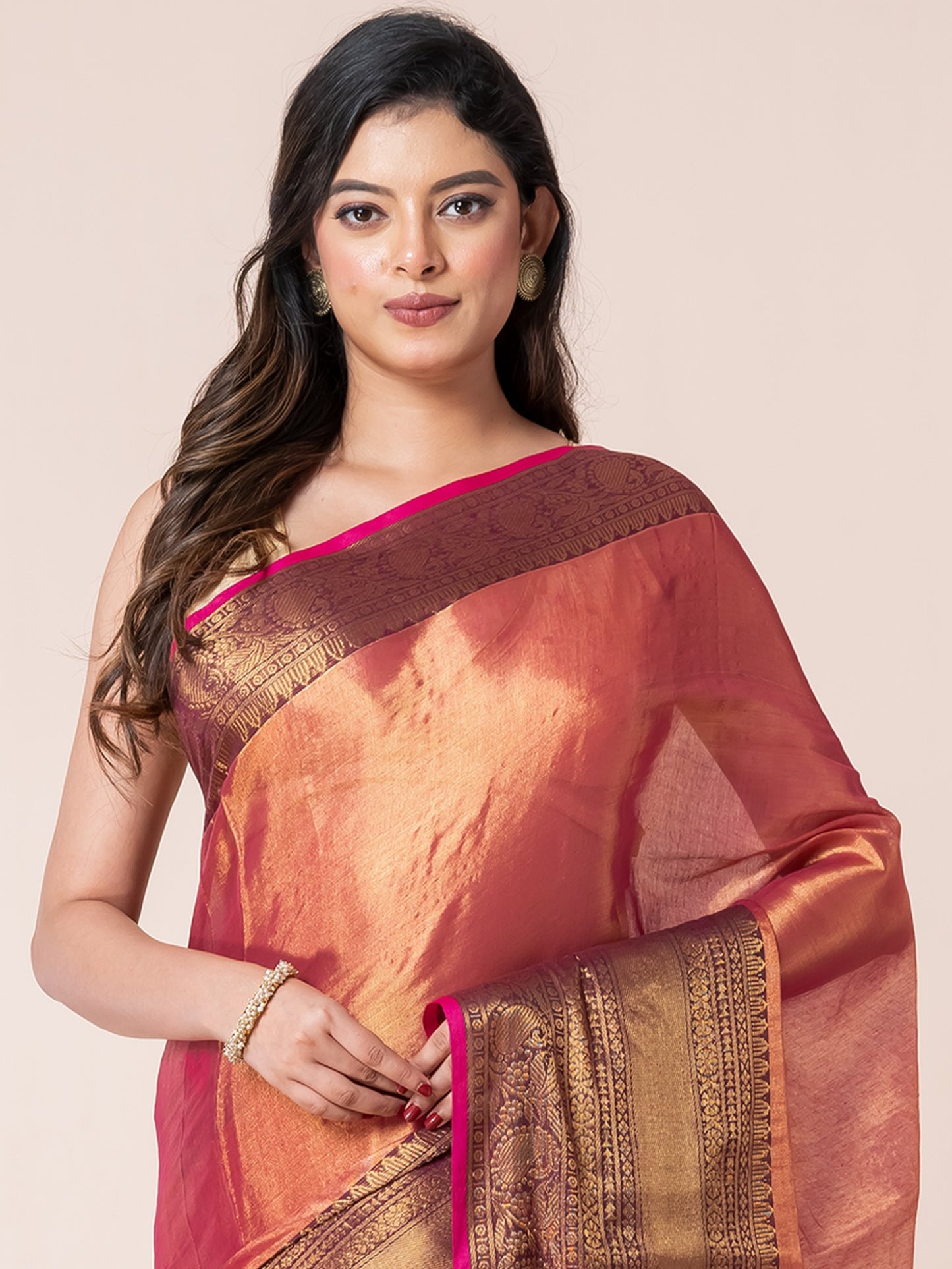 Onion colour Tissue Zari Border Saree