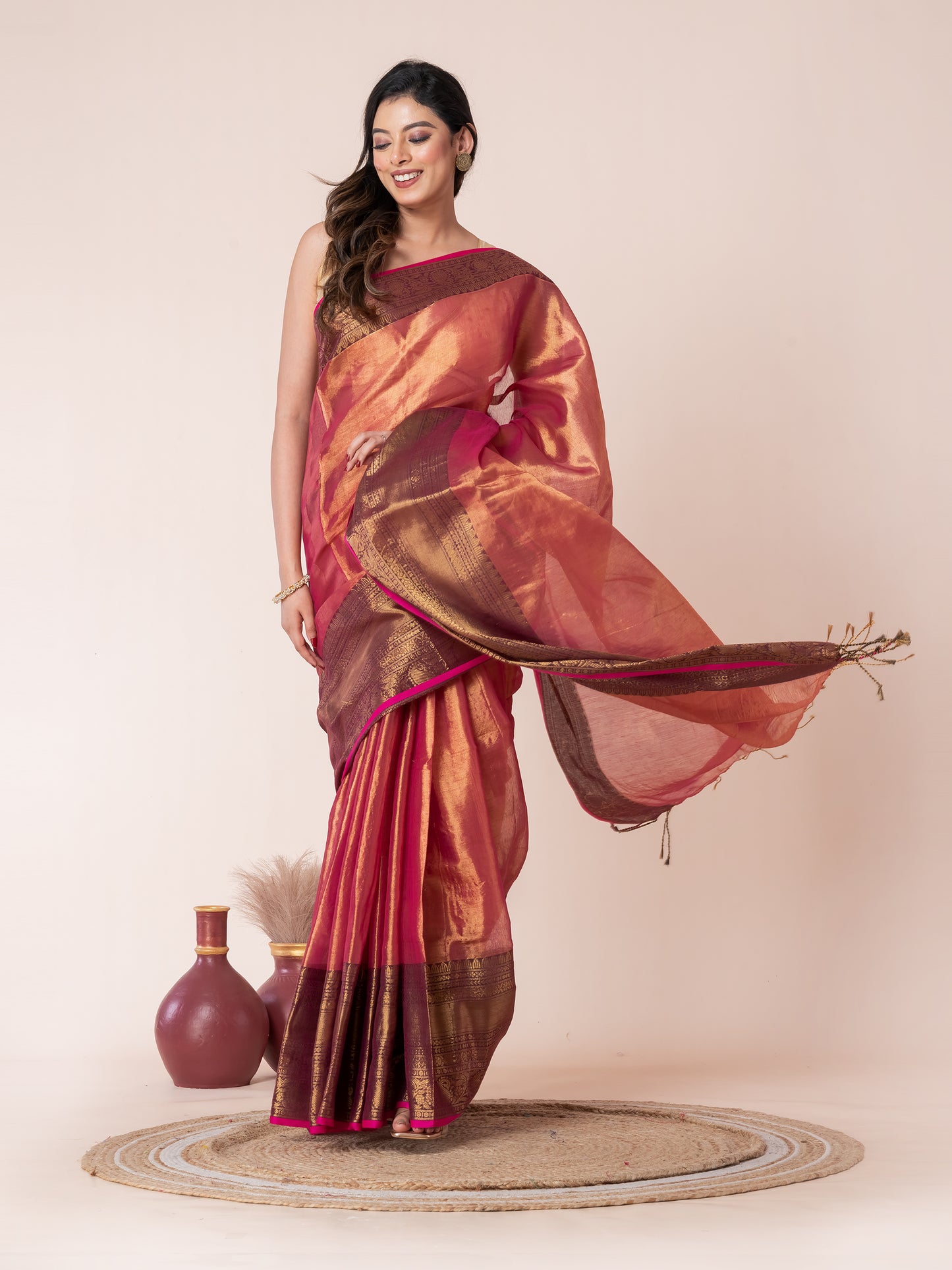 Onion colour Tissue Zari Border Saree