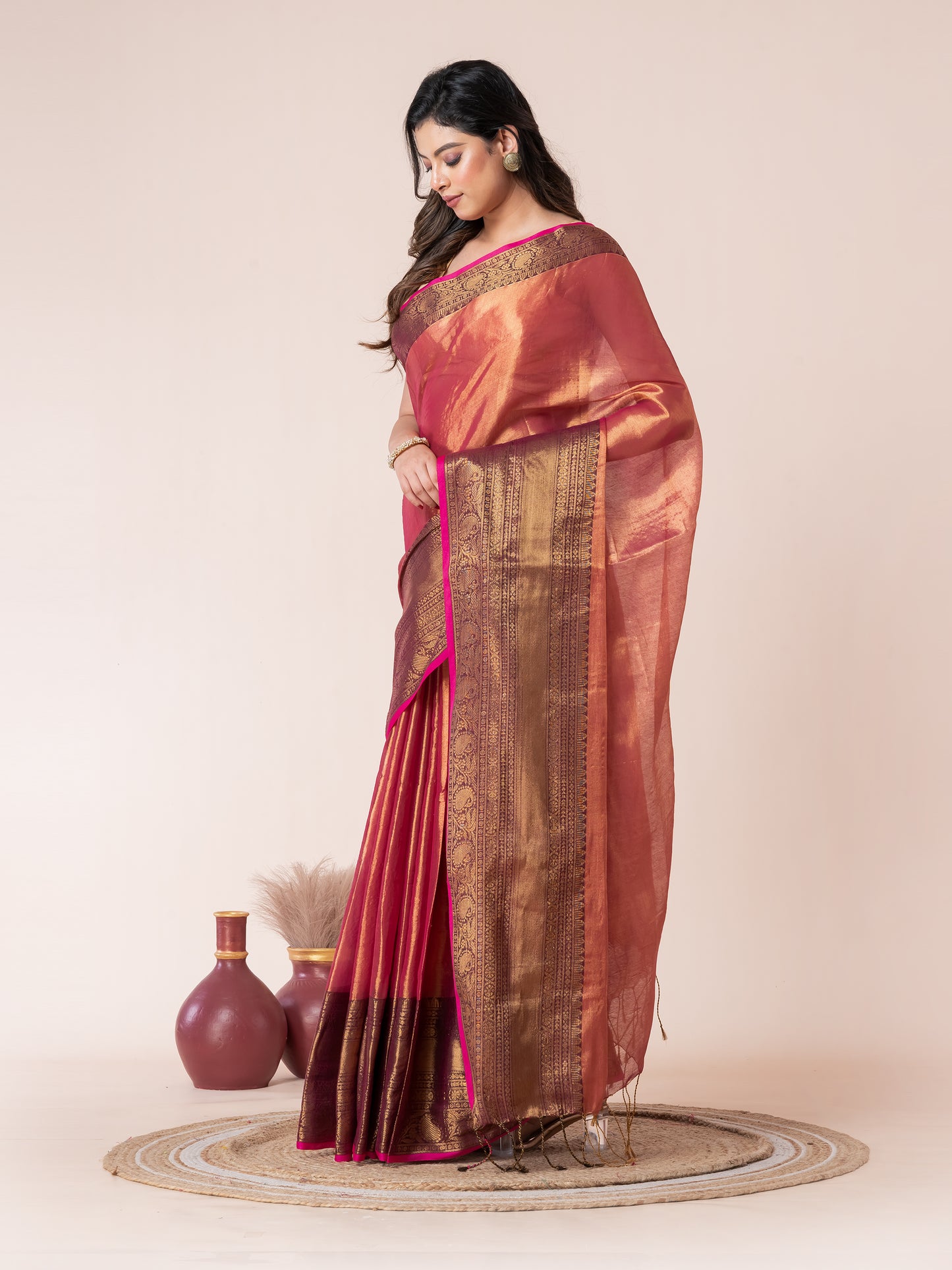 Onion colour Tissue Zari Border Saree