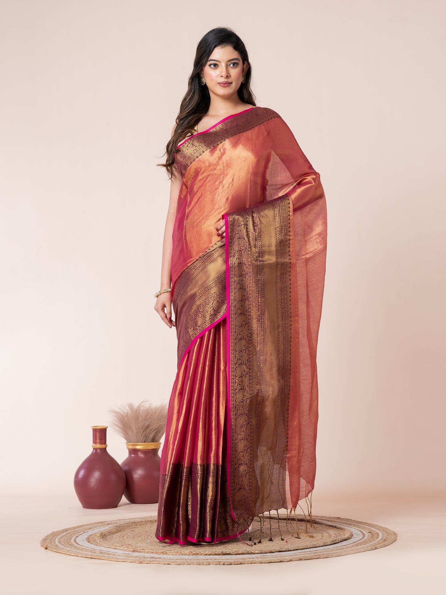 Onion colour Tissue Zari Border Saree