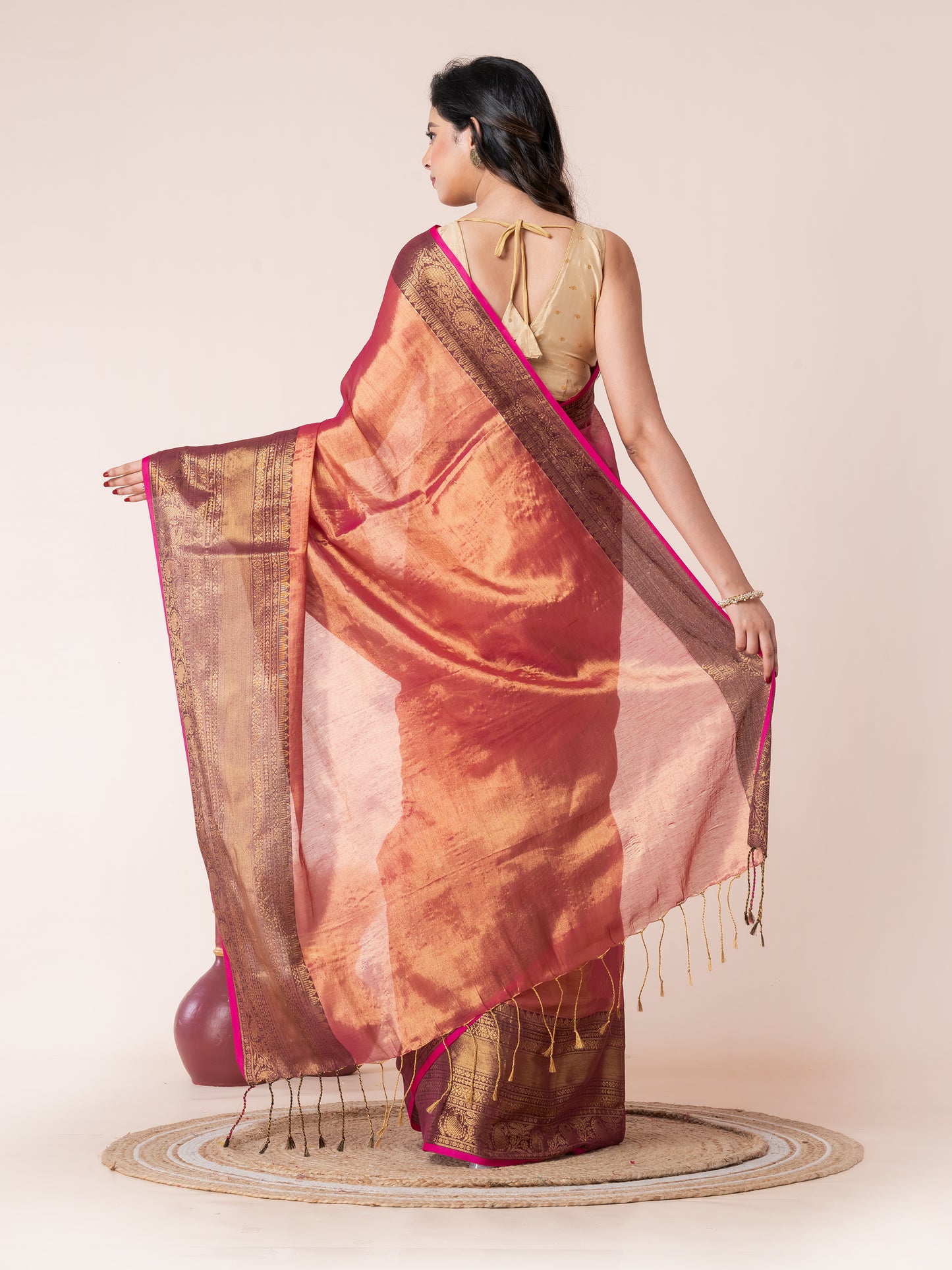 Onion colour Tissue Zari Border Saree