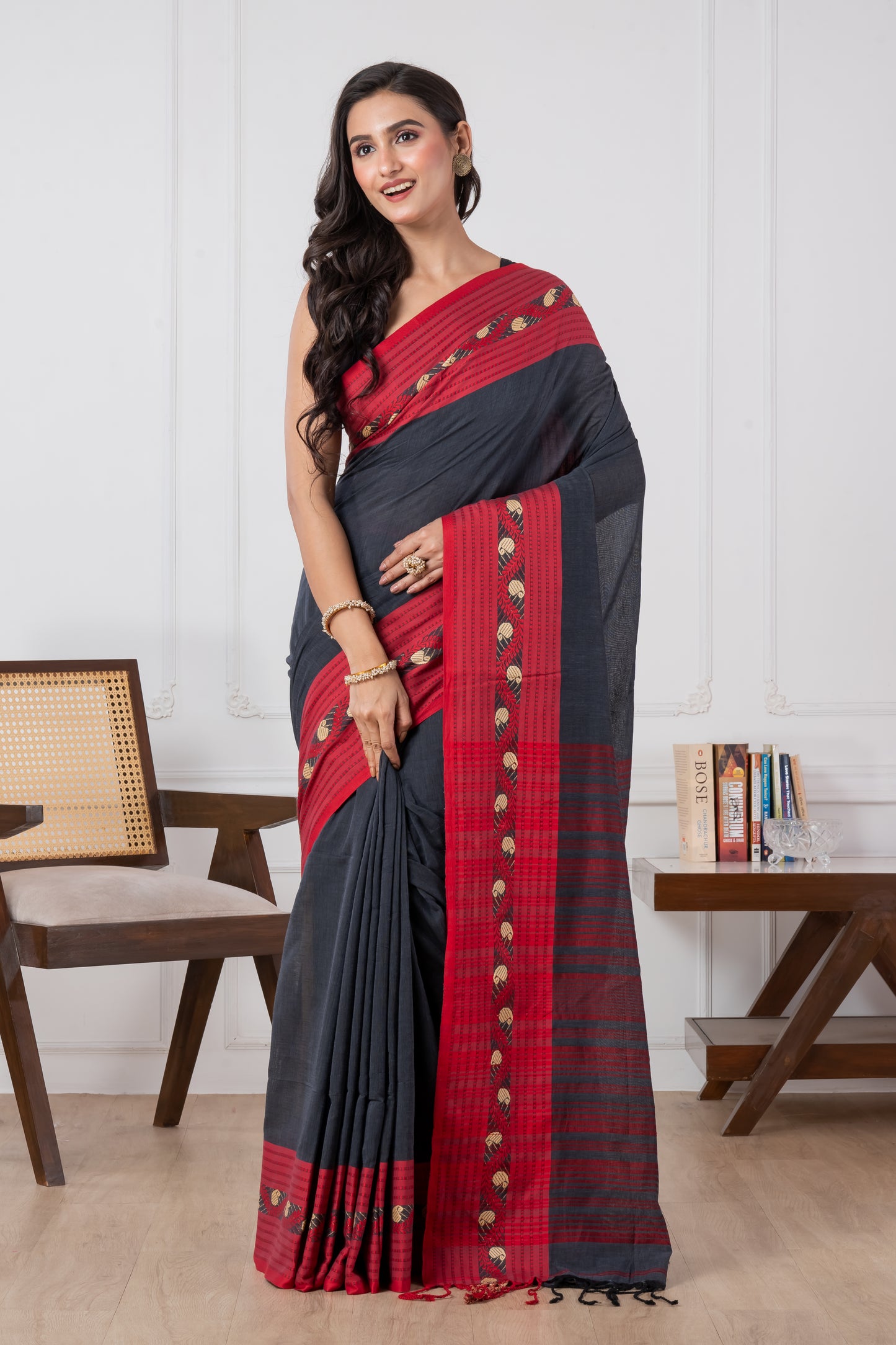 Premium Handloom Slate Black & Red Cotton Saree