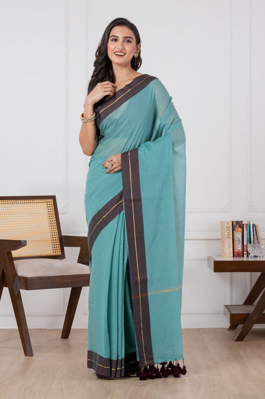 Pure Turquoise Blue & Maroon Border Mul Cotton Saree