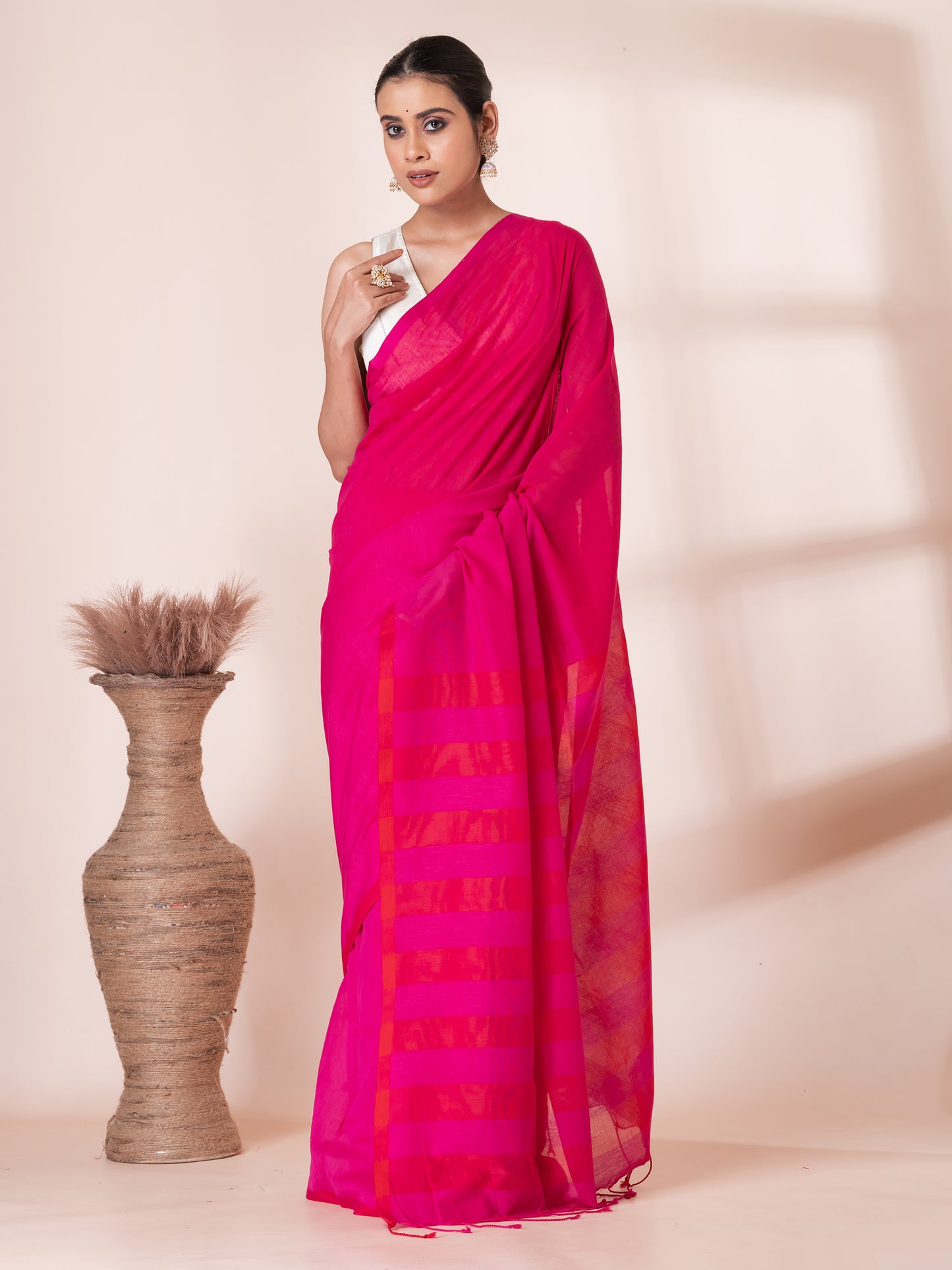 Red Pink Handloom Mul Cotton Saree