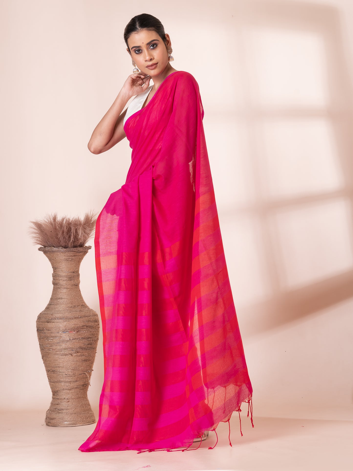 Red Pink Handloom Mul Cotton Saree