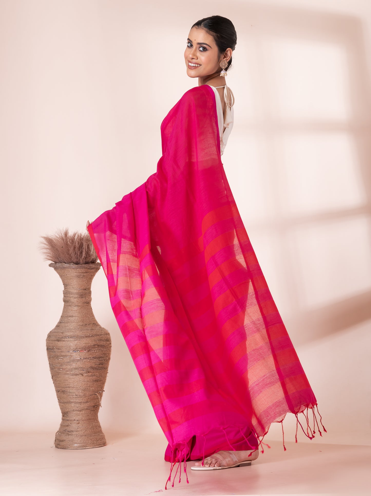Red Pink Handloom Mul Cotton Saree