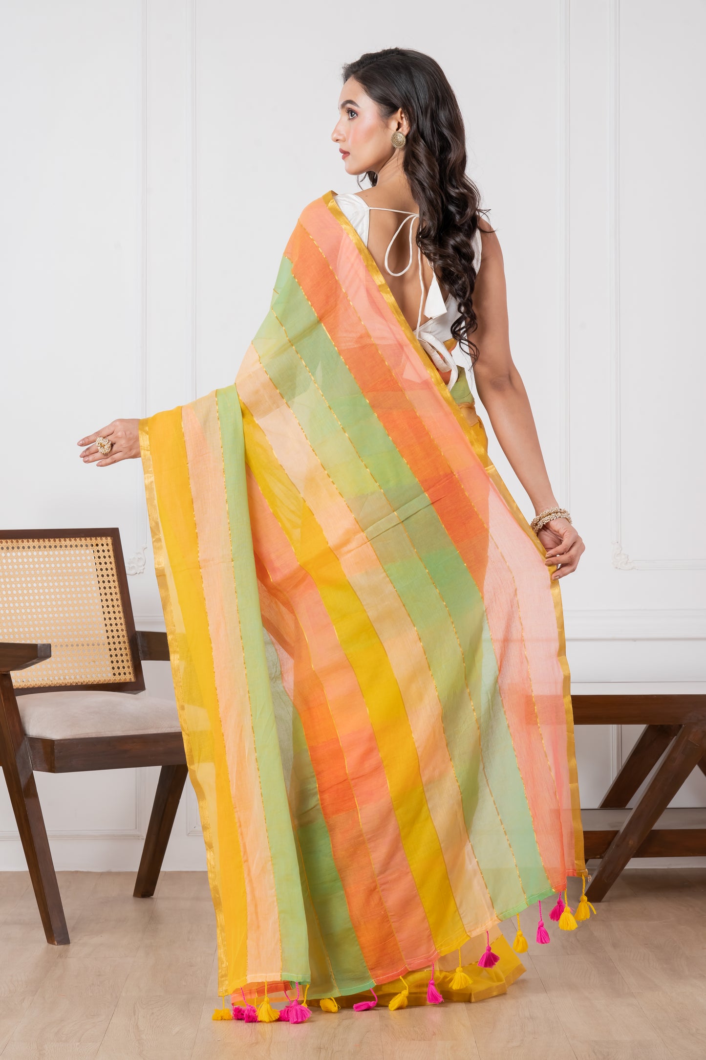 Yellowish Rainbow Mul Cotton Saree