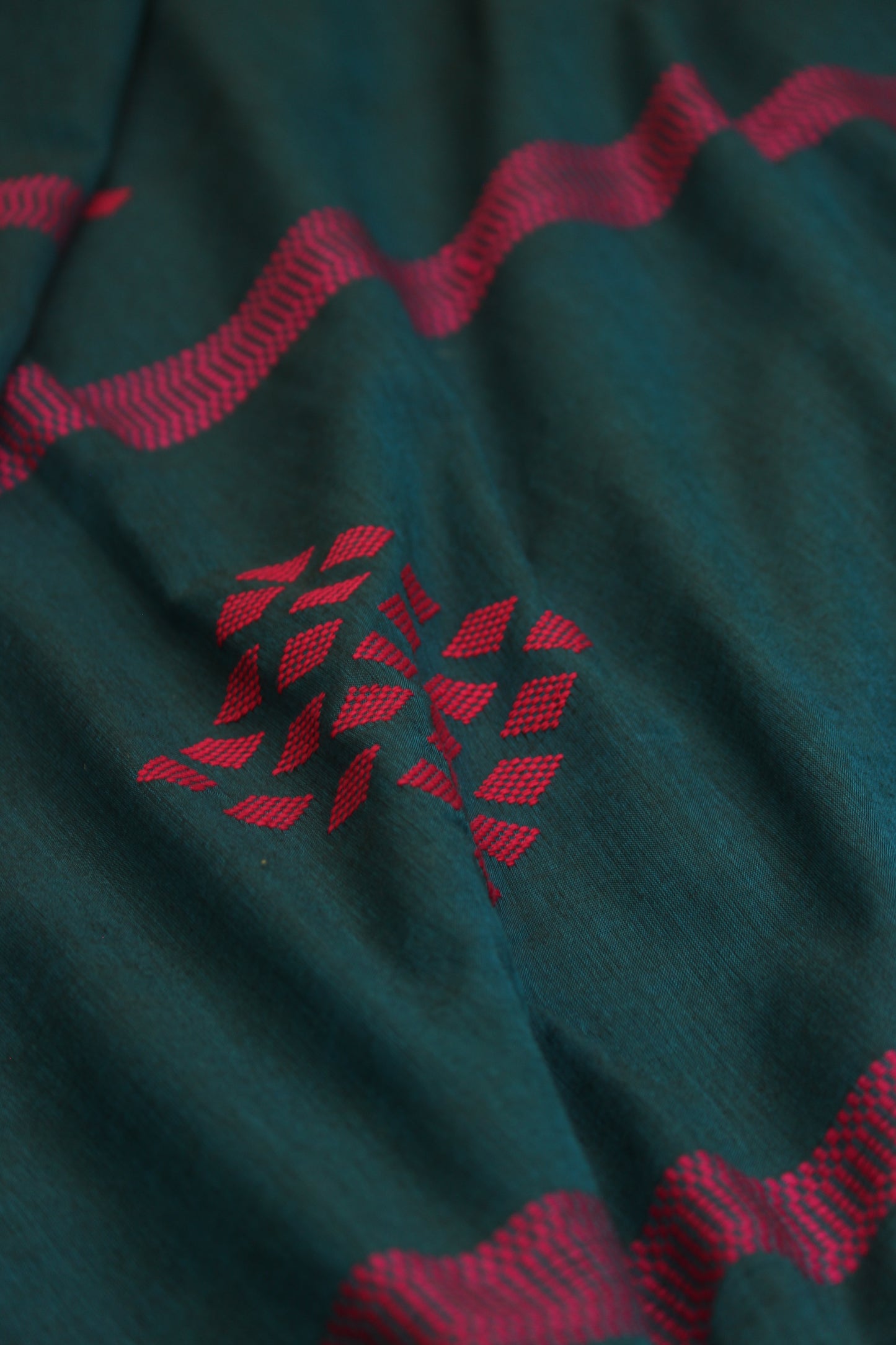 Teal Blue with Red Jamdani Butis Handloom Premium Cotton Saree