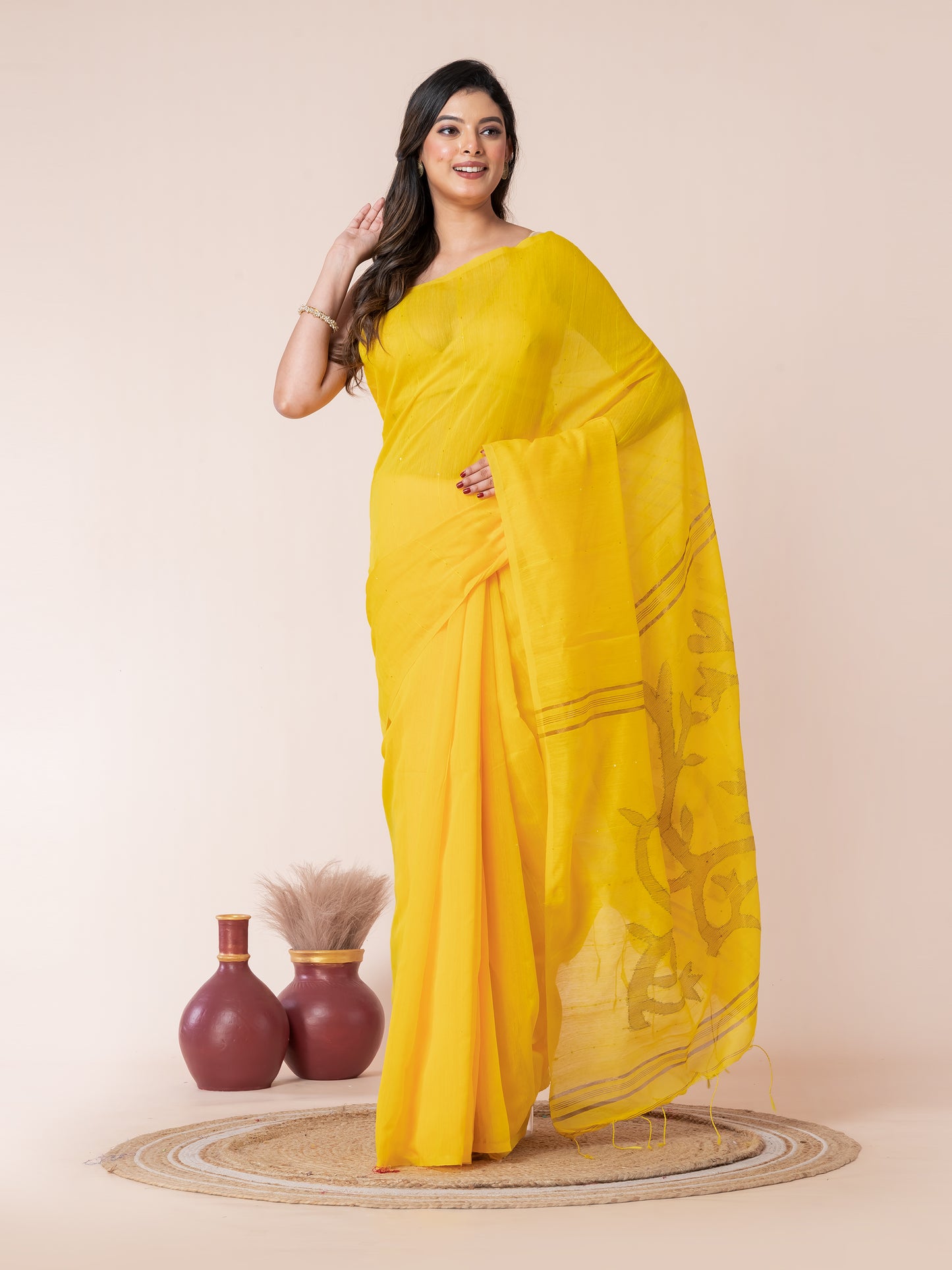 Yellow Sequin Jamdani Saree