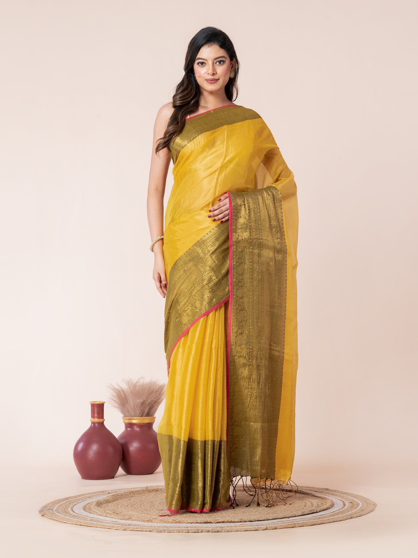 Yellow Tissue Zari Border Saree