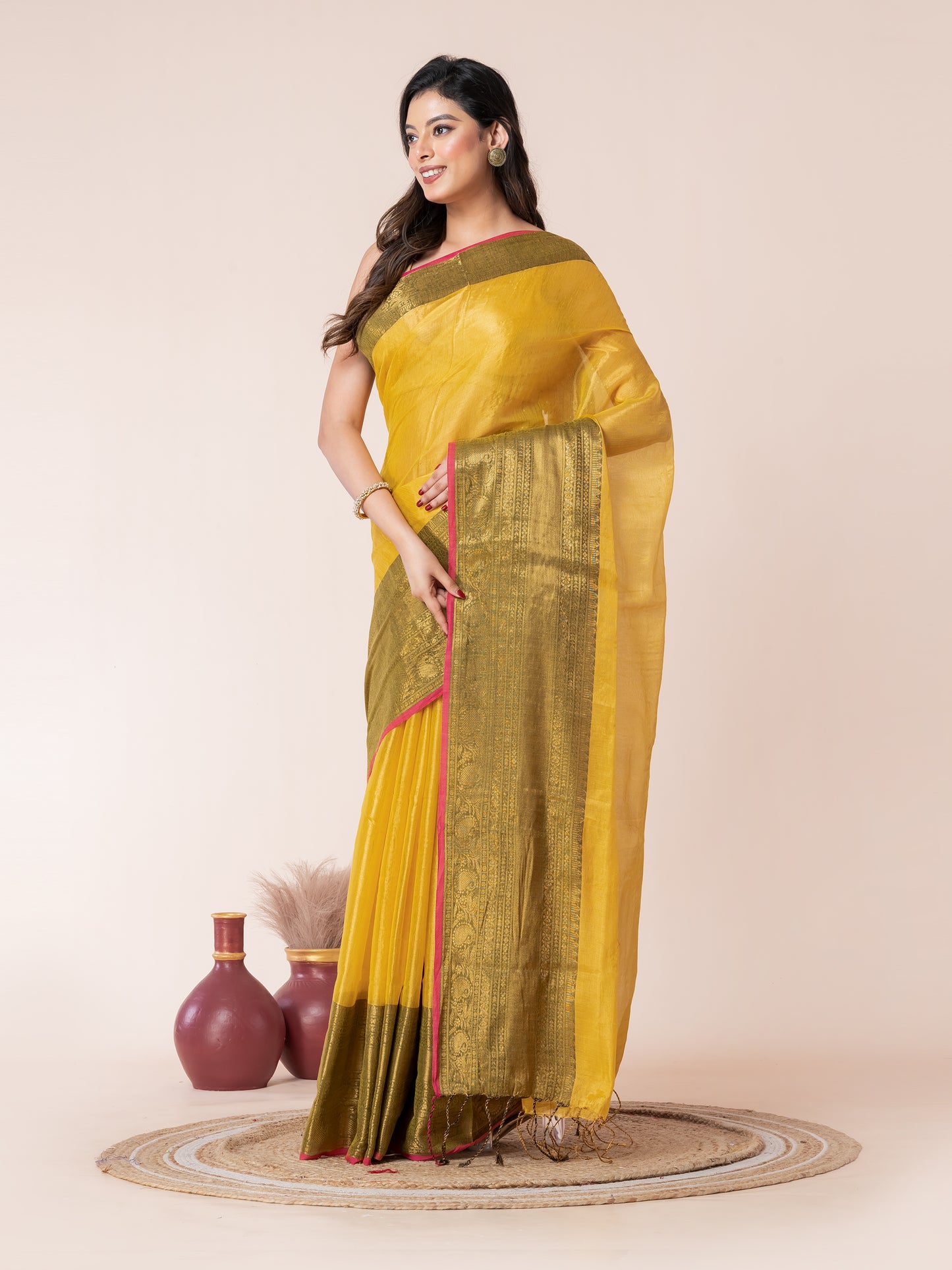 Yellow Tissue Zari Border Saree