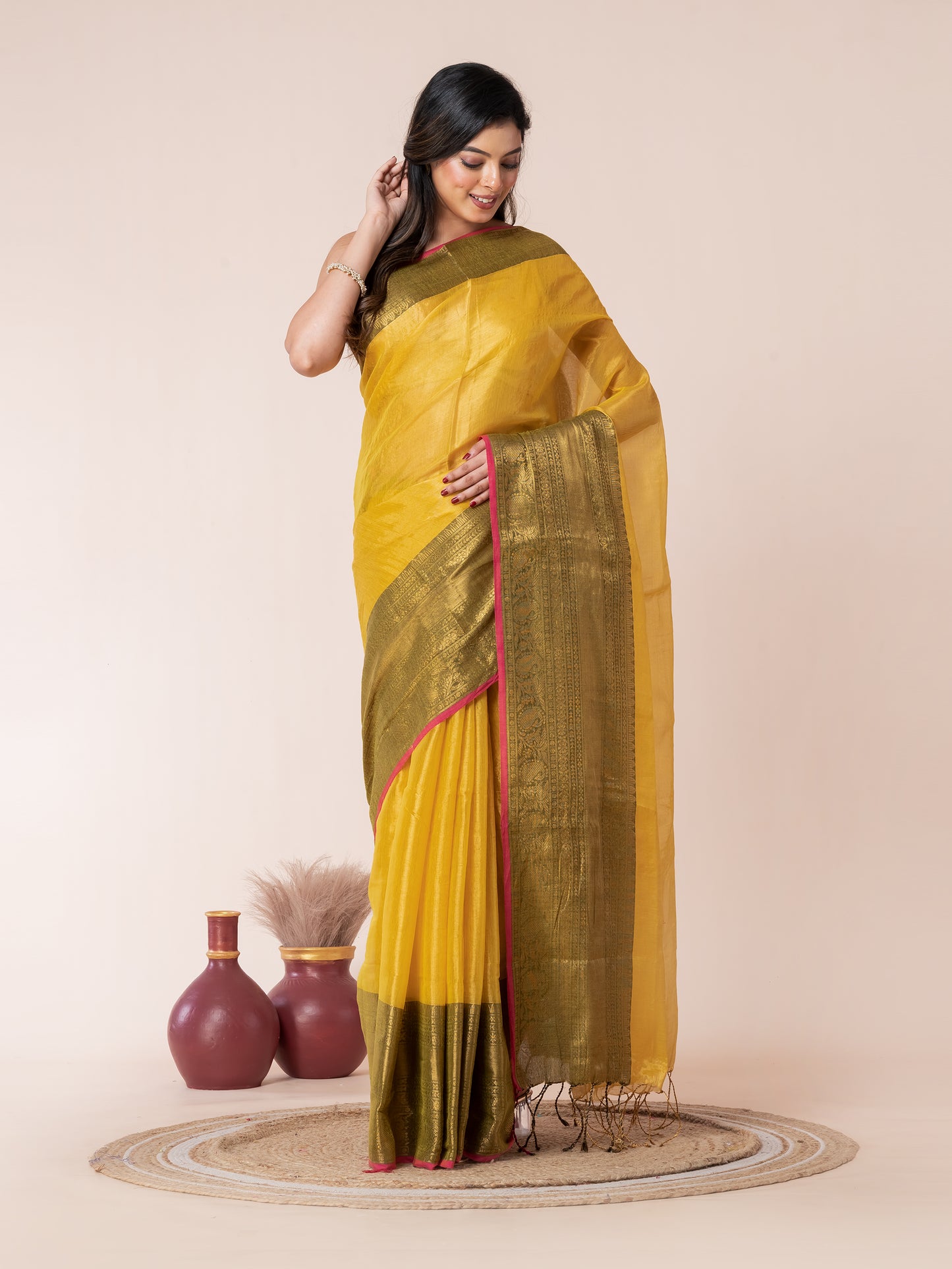 Yellow Tissue Zari Border Saree