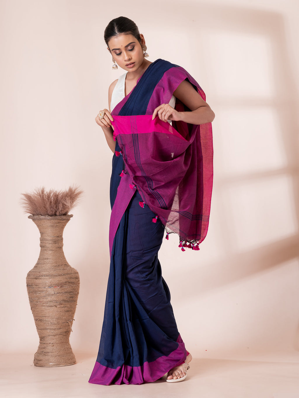 Blue and Maroon Mul Mul Saree