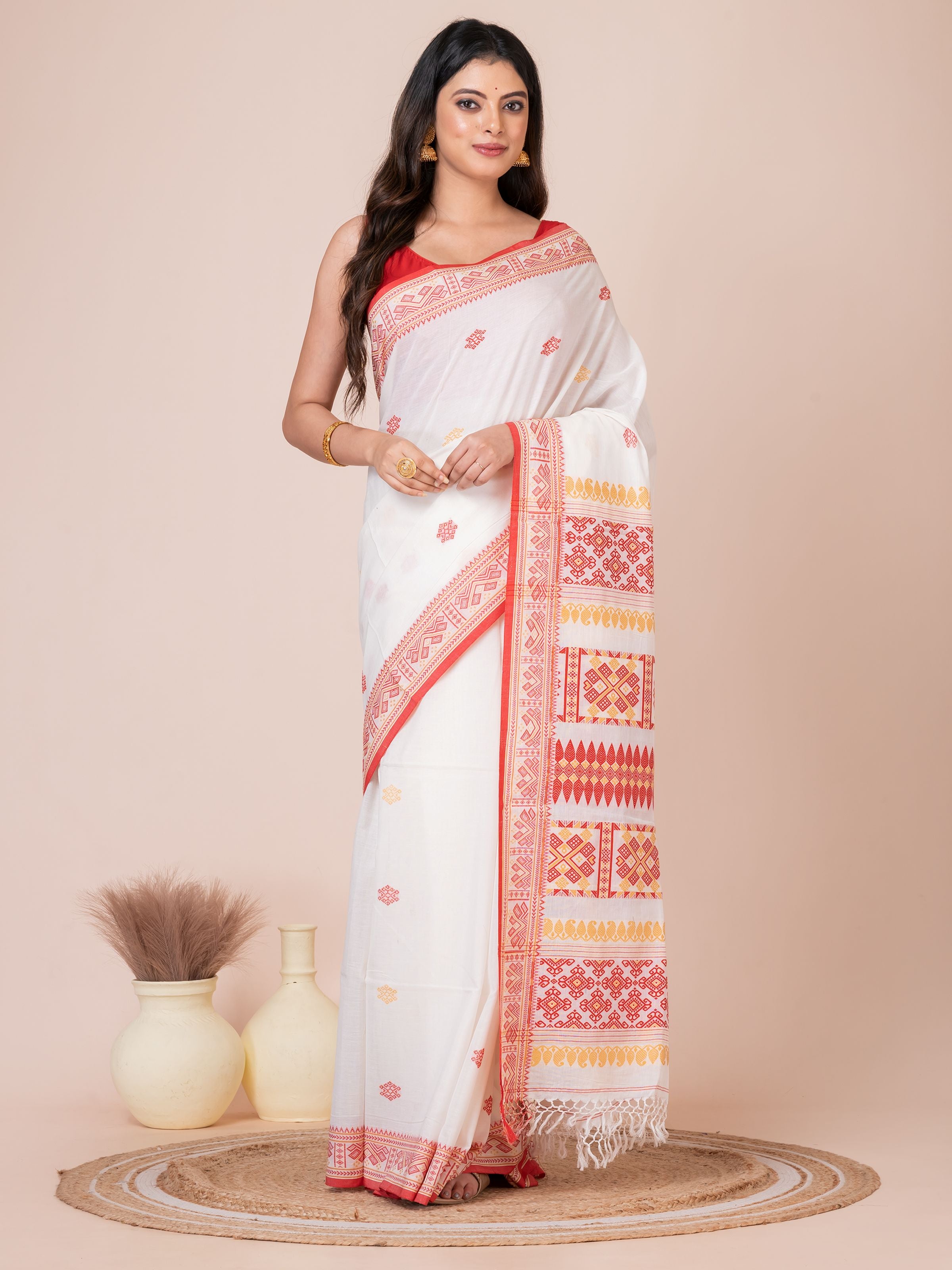Assamese Red White and Yellow Handloom Premium Cotton Saree