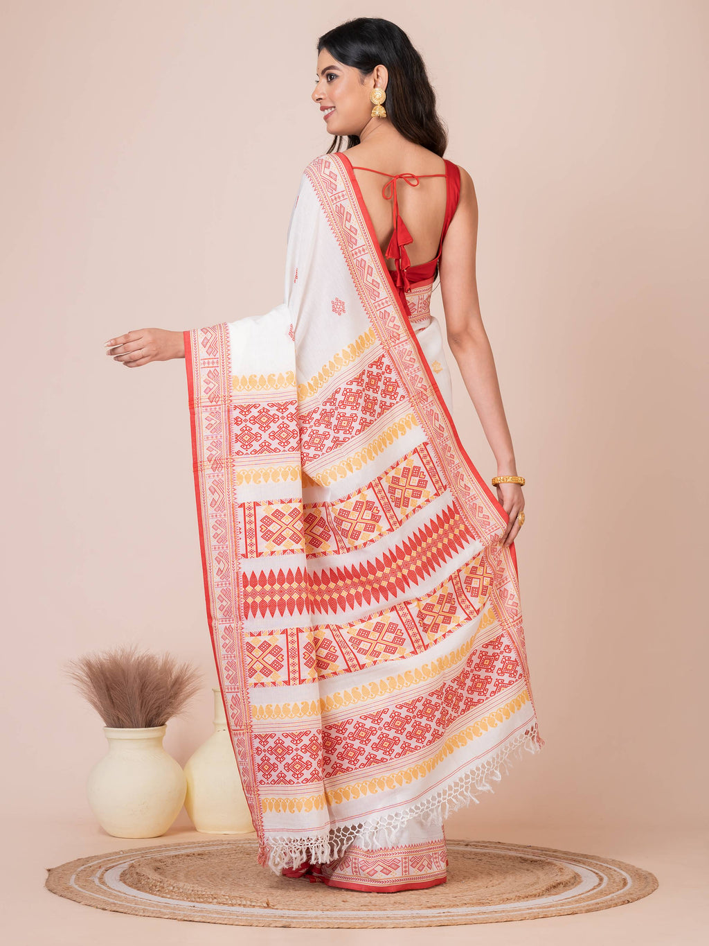 Assamese Red White and Yellow Handloom Premium Cotton Saree