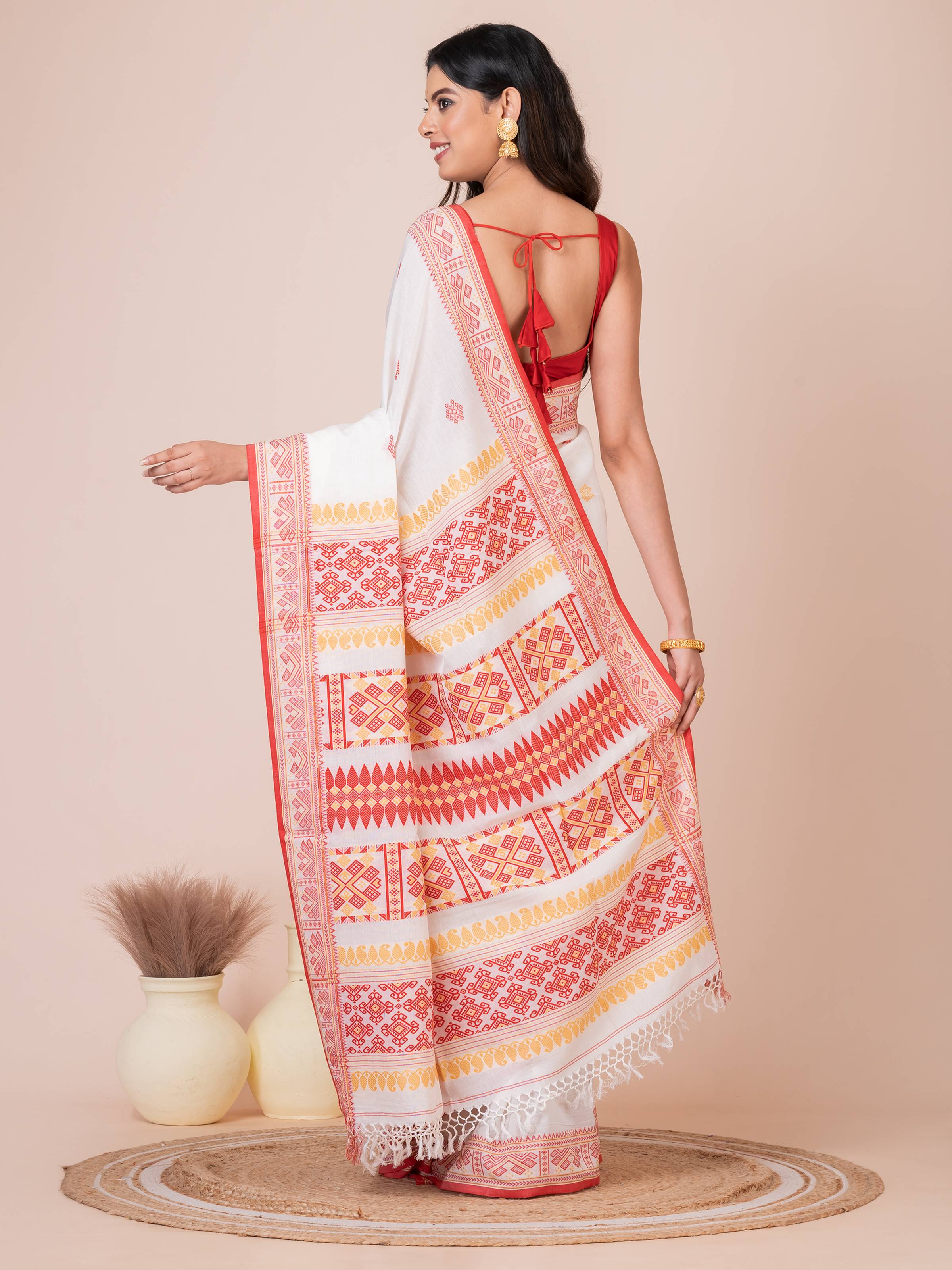 Assamese Red White and Yellow Handloom Premium Cotton Saree