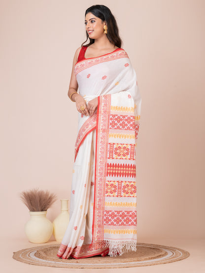 Assamese Red White and Yellow Handloom Premium Cotton Saree
