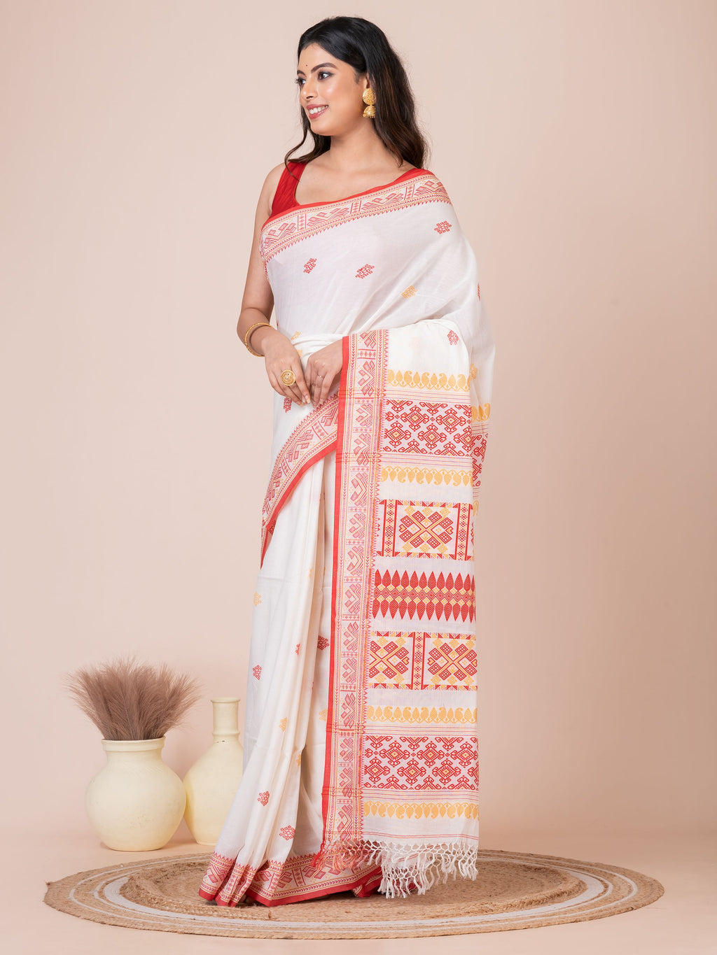 Assamese Red White and Yellow Handloom Premium Cotton Saree