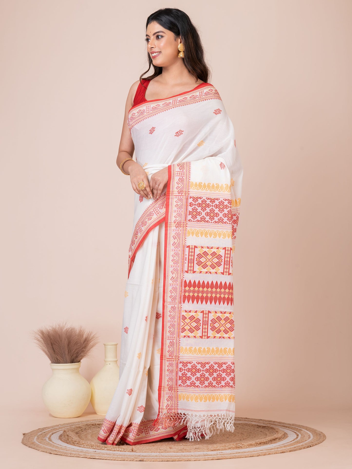 Assamese Red White and Yellow Handloom Premium Cotton Saree