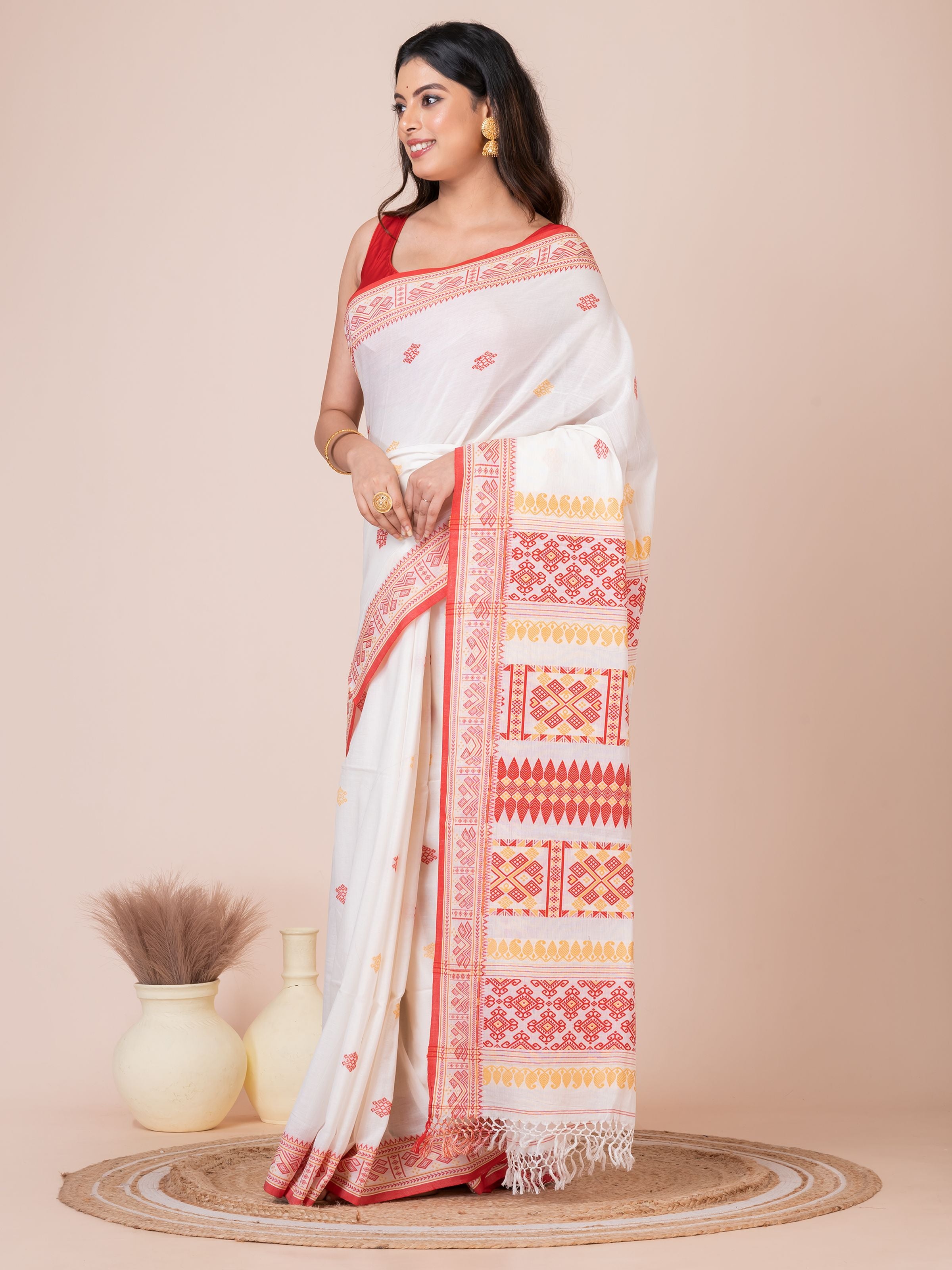 Assamese Red White and Yellow Handloom Premium Cotton Saree