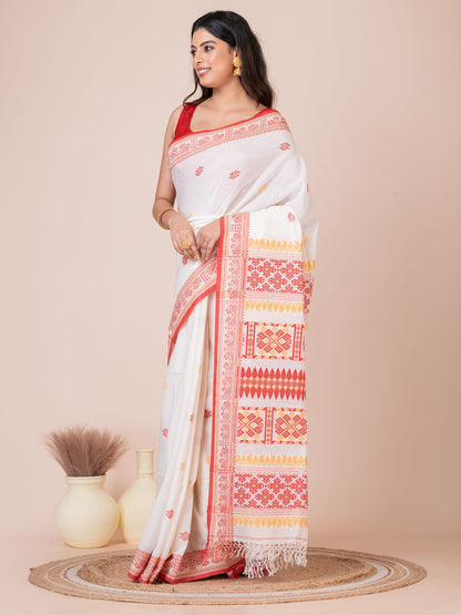 Assamese Red White and Yellow Handloom Premium Cotton Saree