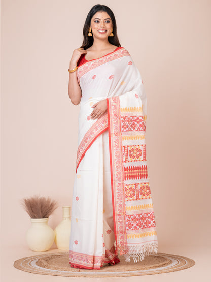 Assamese Red White and Yellow Handloom Premium Cotton Saree
