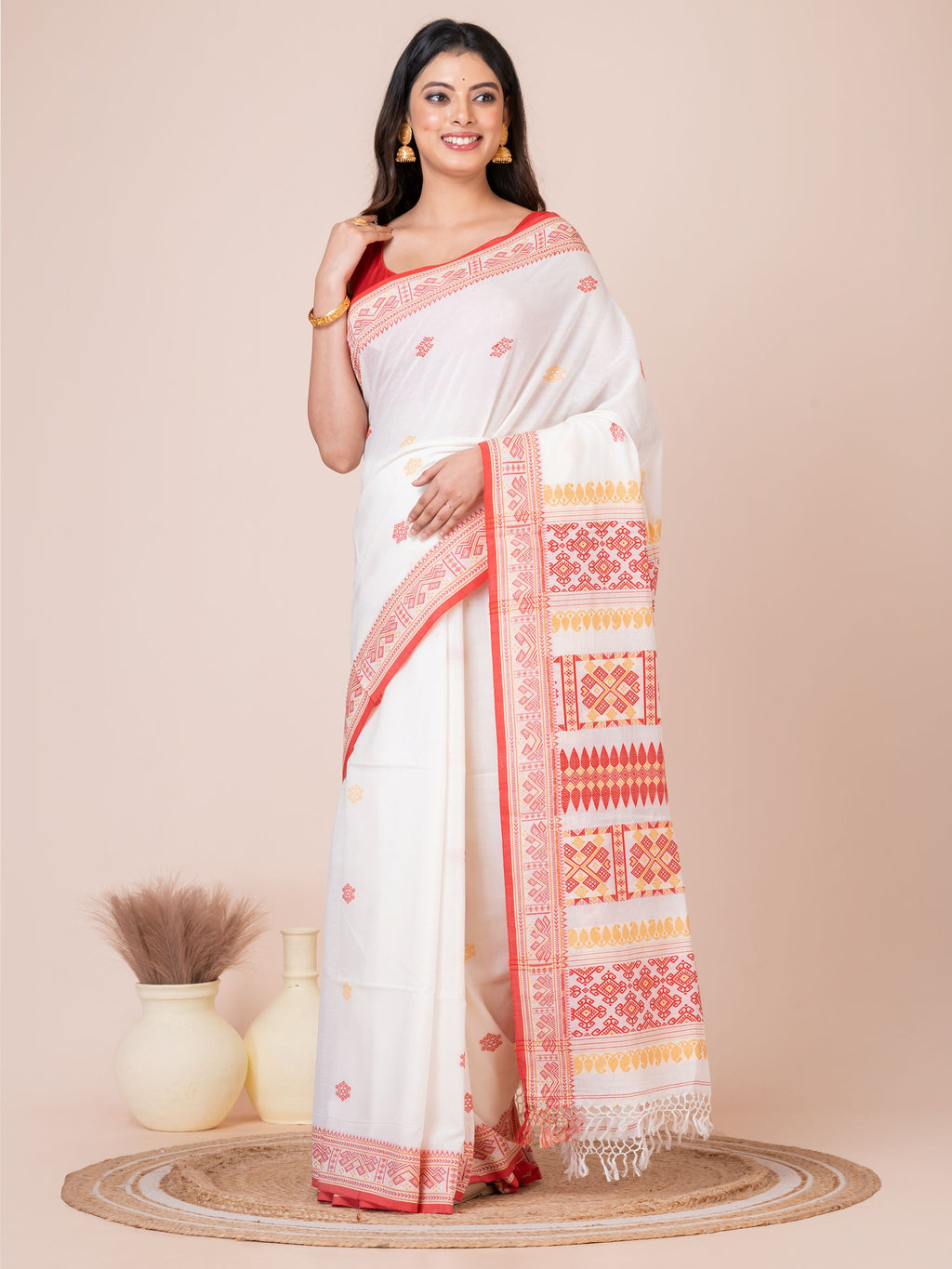 Assamese Red White and Yellow Handloom Premium Cotton Saree