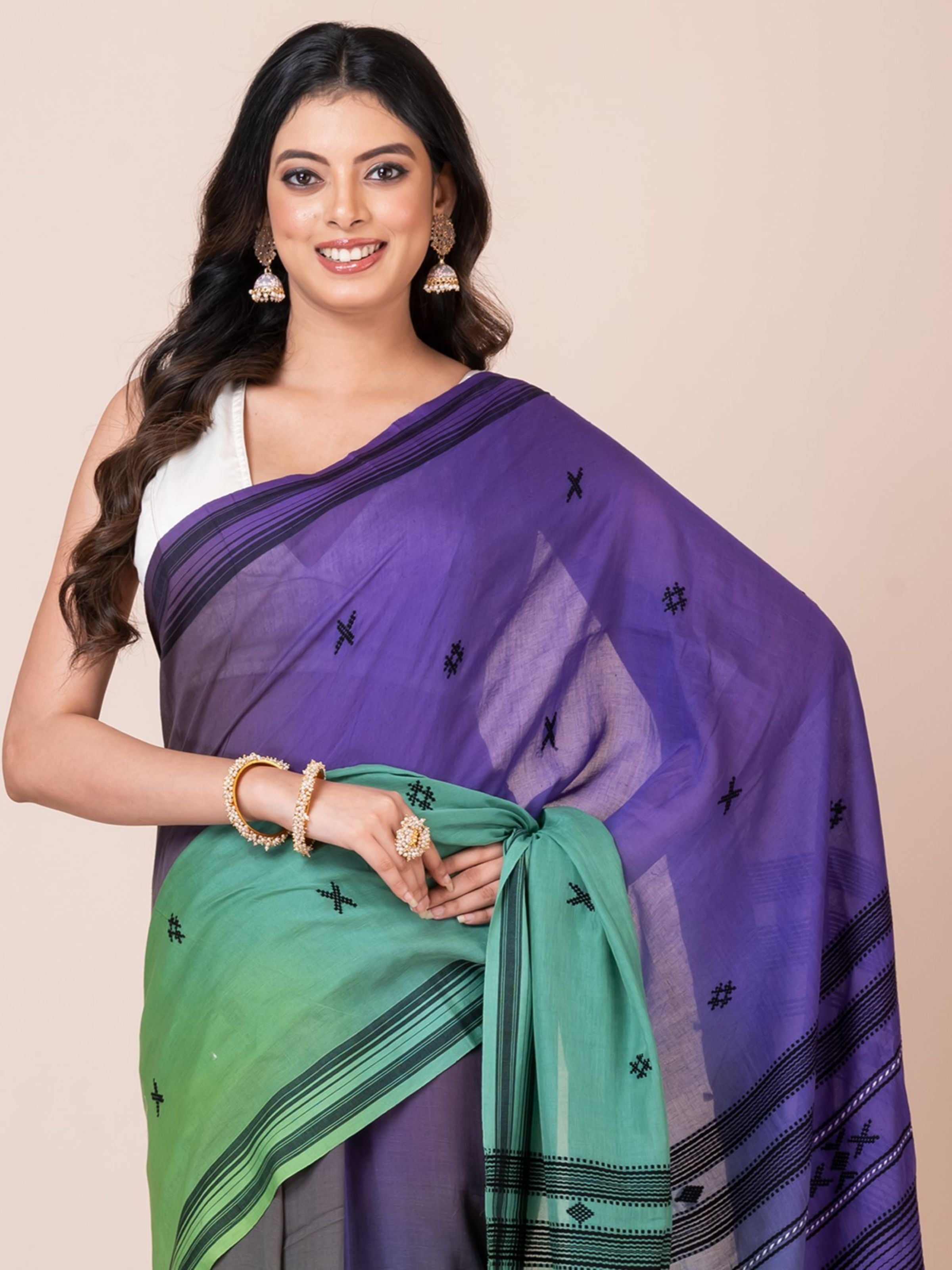 Blue to Green Shade Handloom Bhujodi Mercerized Cotton Saree