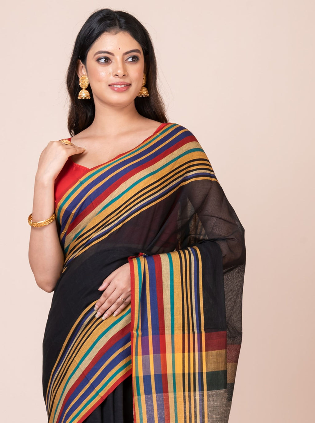 Black Handloom Cellular Cotton Saree