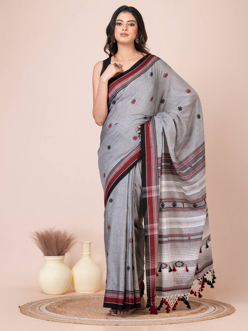 Bhujodi Kala Gray and White Handloom Premium Cotton Saree