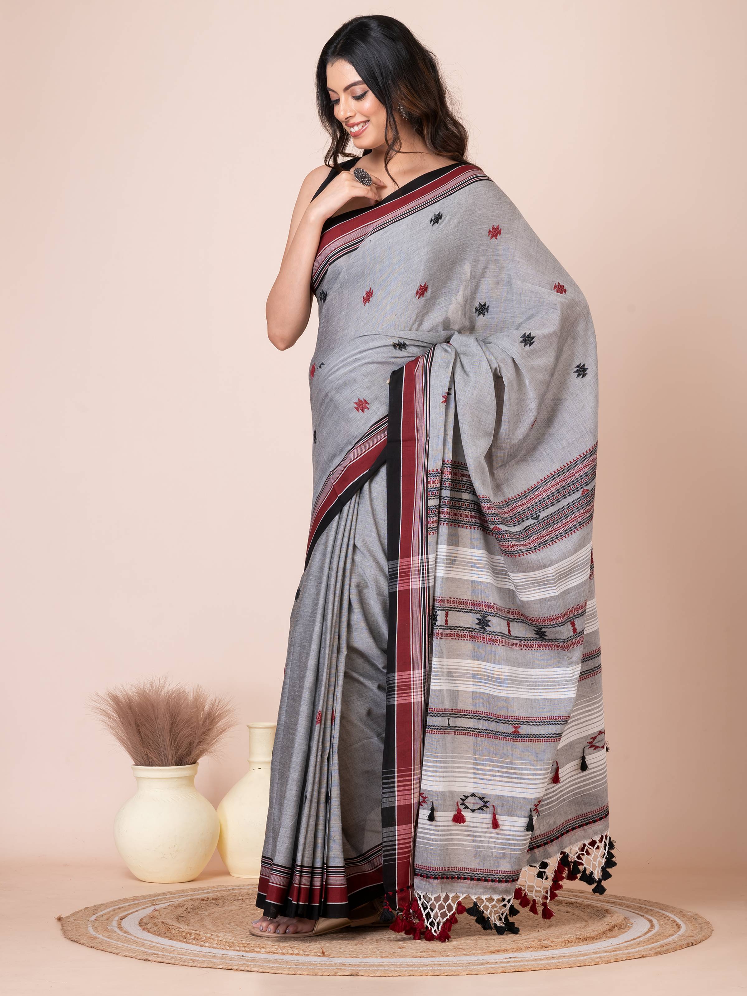Bhujodi Kala Gray and White Handloom Premium Cotton Saree