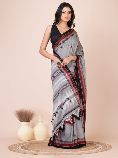 Bhujodi Kala Gray and White Handloom Premium Cotton Saree