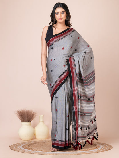 Bhujodi Kala Gray and White Handloom Premium Cotton Saree
