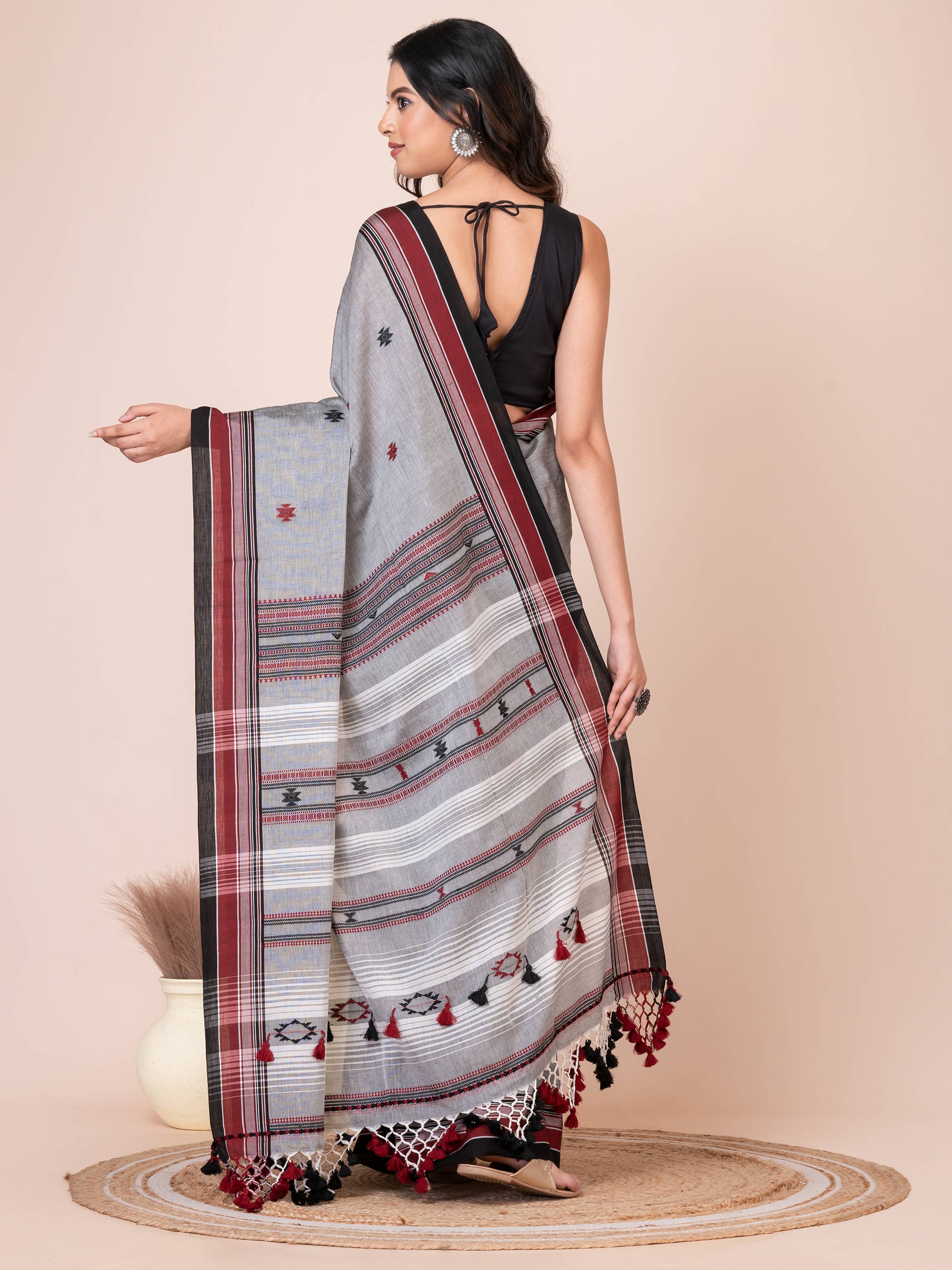 Bhujodi Kala Gray and White Handloom Premium Cotton Saree