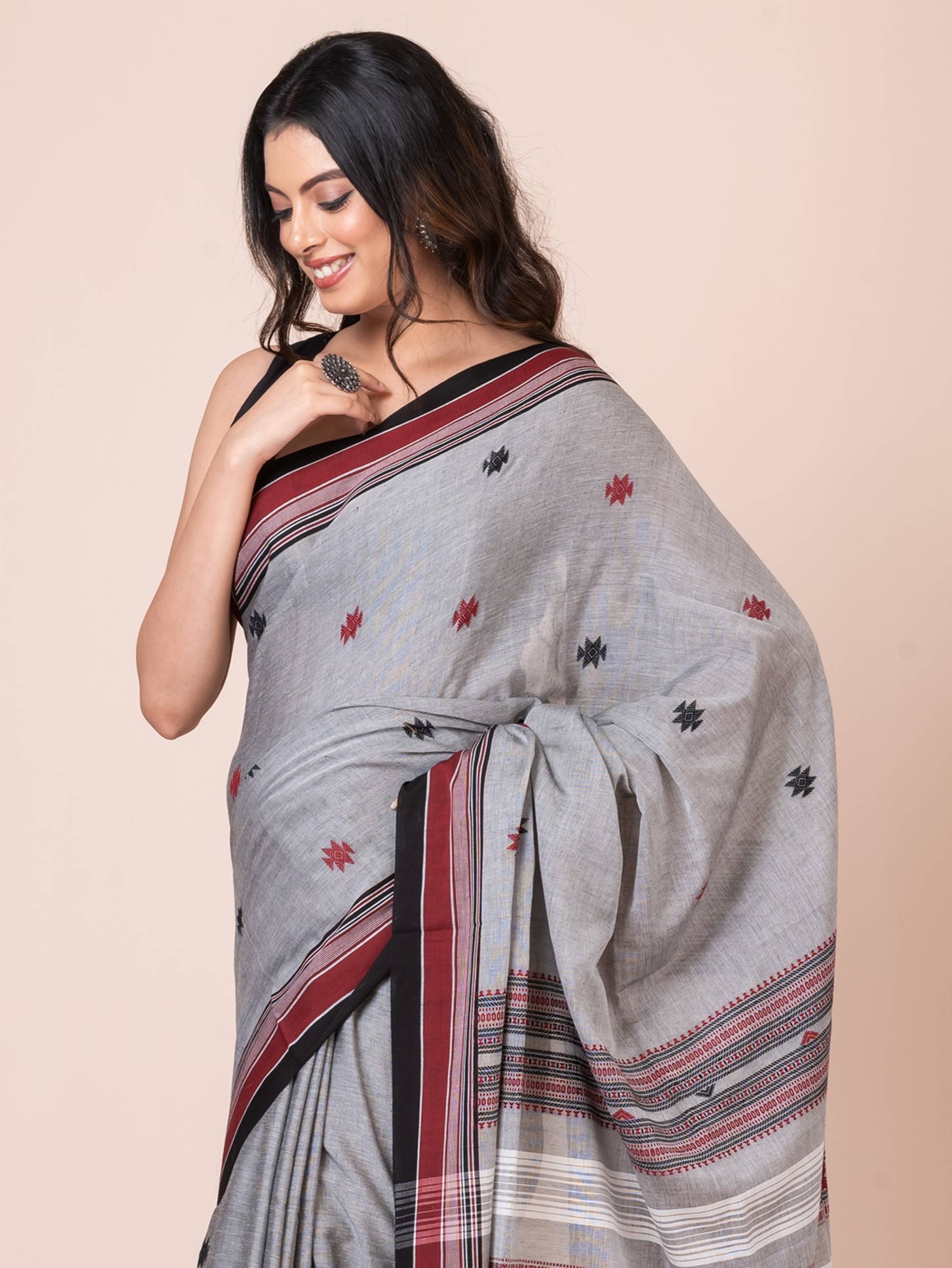 Bhujodi Kala Gray and White Handloom Premium Cotton Saree