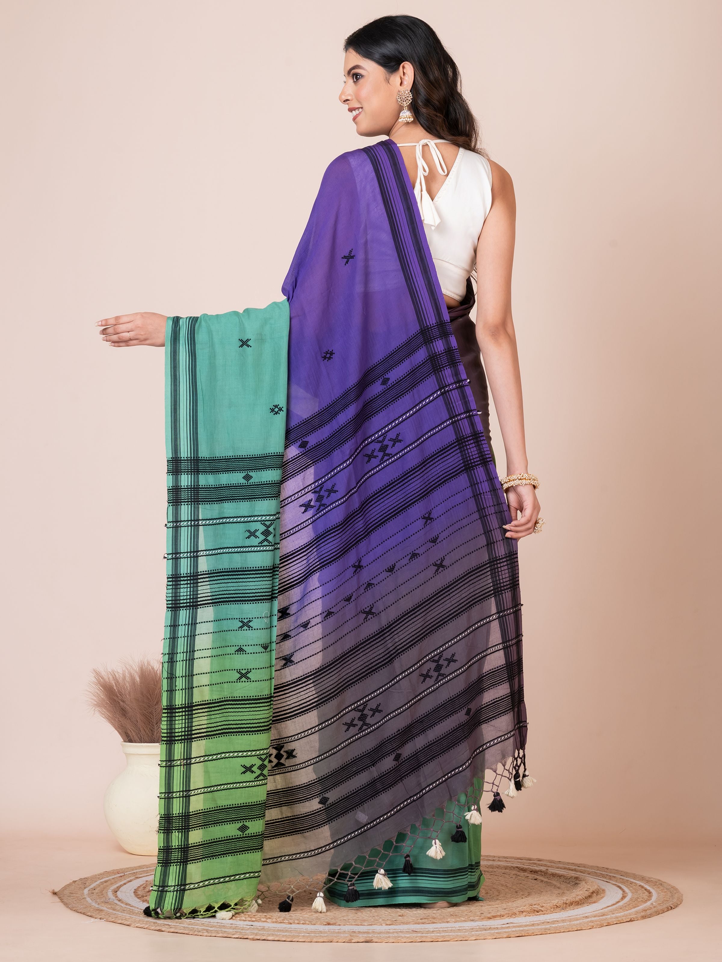 Blue to Green Shade Handloom Bhujodi Mercerized Cotton Saree