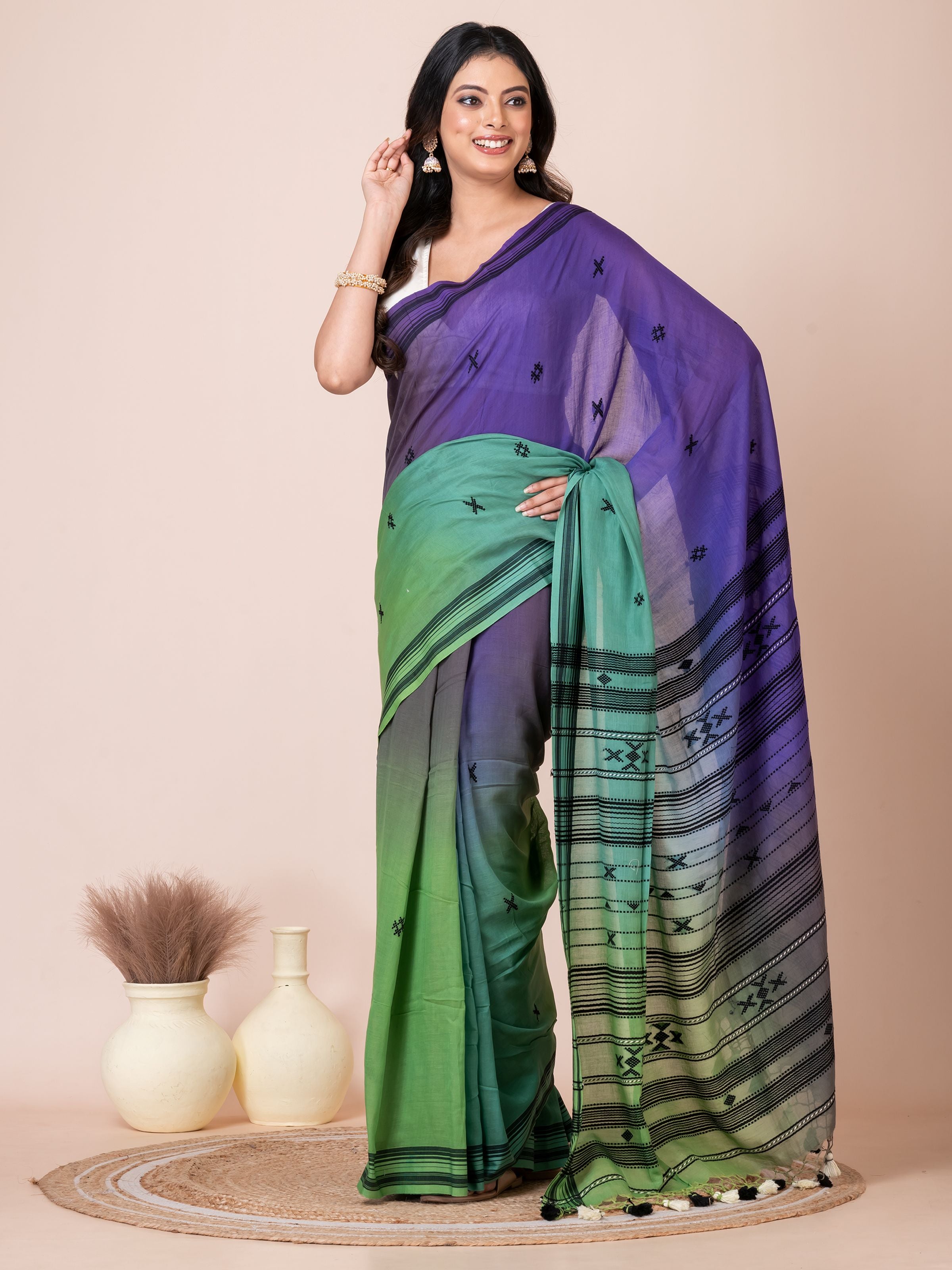Blue to Green Shade Handloom Bhujodi Mercerized Cotton Saree