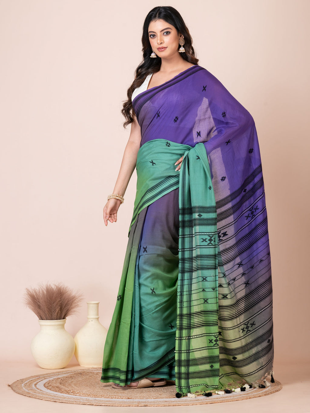 Blue to Green Shade Handloom Bhujodi Mercerized Cotton Saree